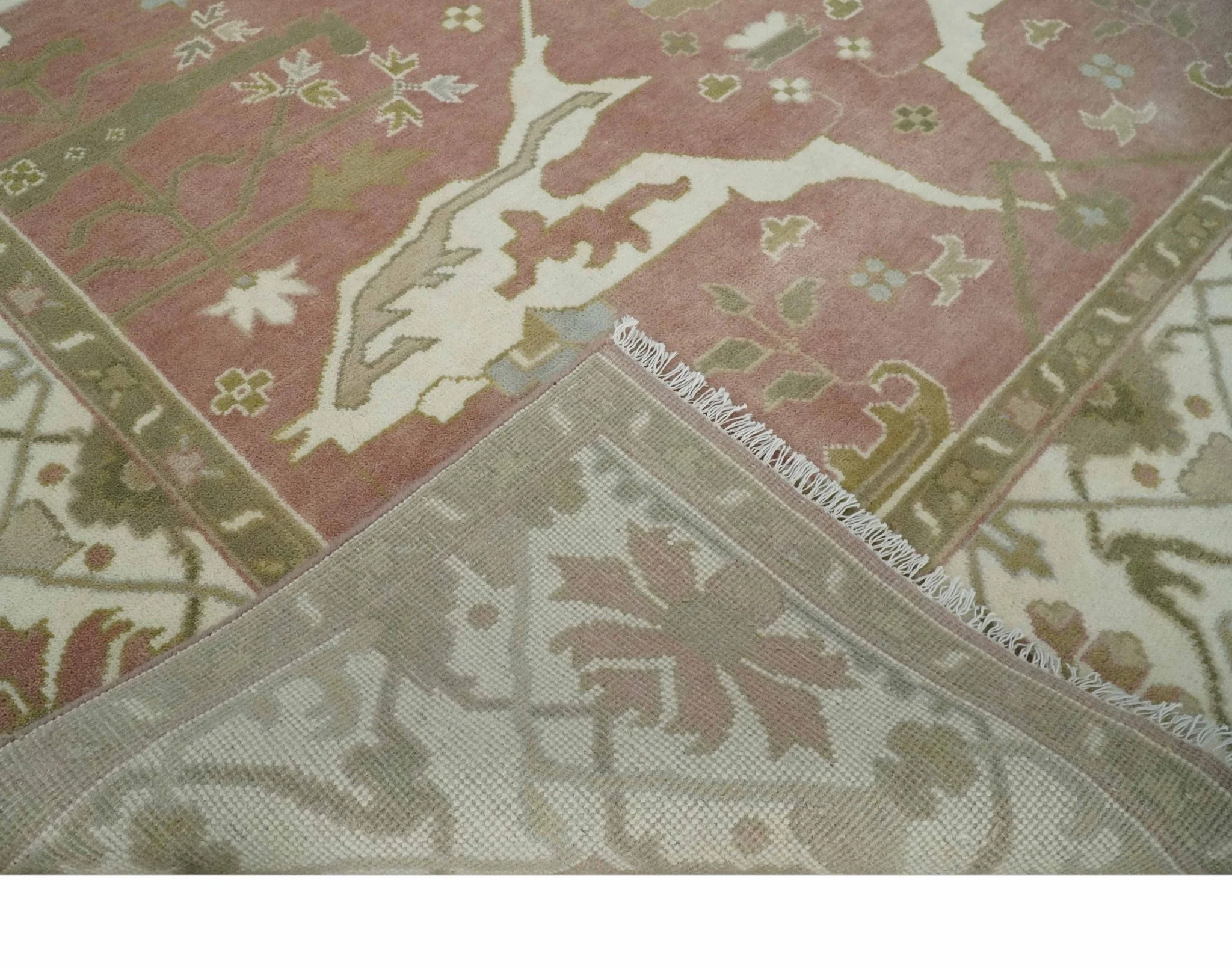 Peach, Ivory and Olive Hand knotted 8x10 and 9x12 Oriental Oushak Traditional Wool Area Rug, Kids, Living Room and Bedroom Rug - Image 6