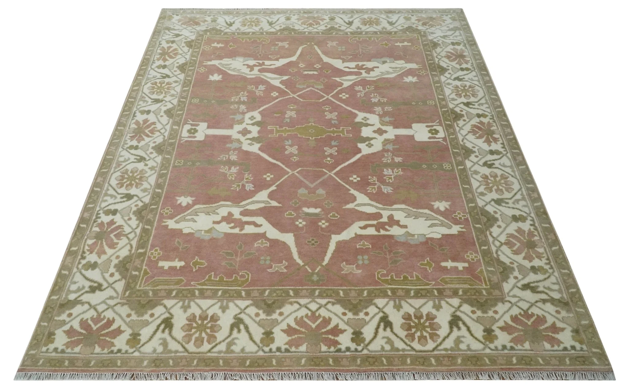 Peach, Ivory and Olive Hand knotted 8x10 and 9x12 Oriental Oushak Traditional Wool Area Rug, Kids, Living Room and Bedroom Rug - Image 9
