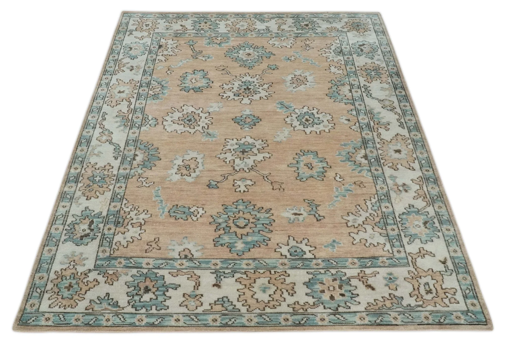Peach, Ivory and Teal Hand knotted Traditional Oushak Multi Size wool Area Rug - Image 10