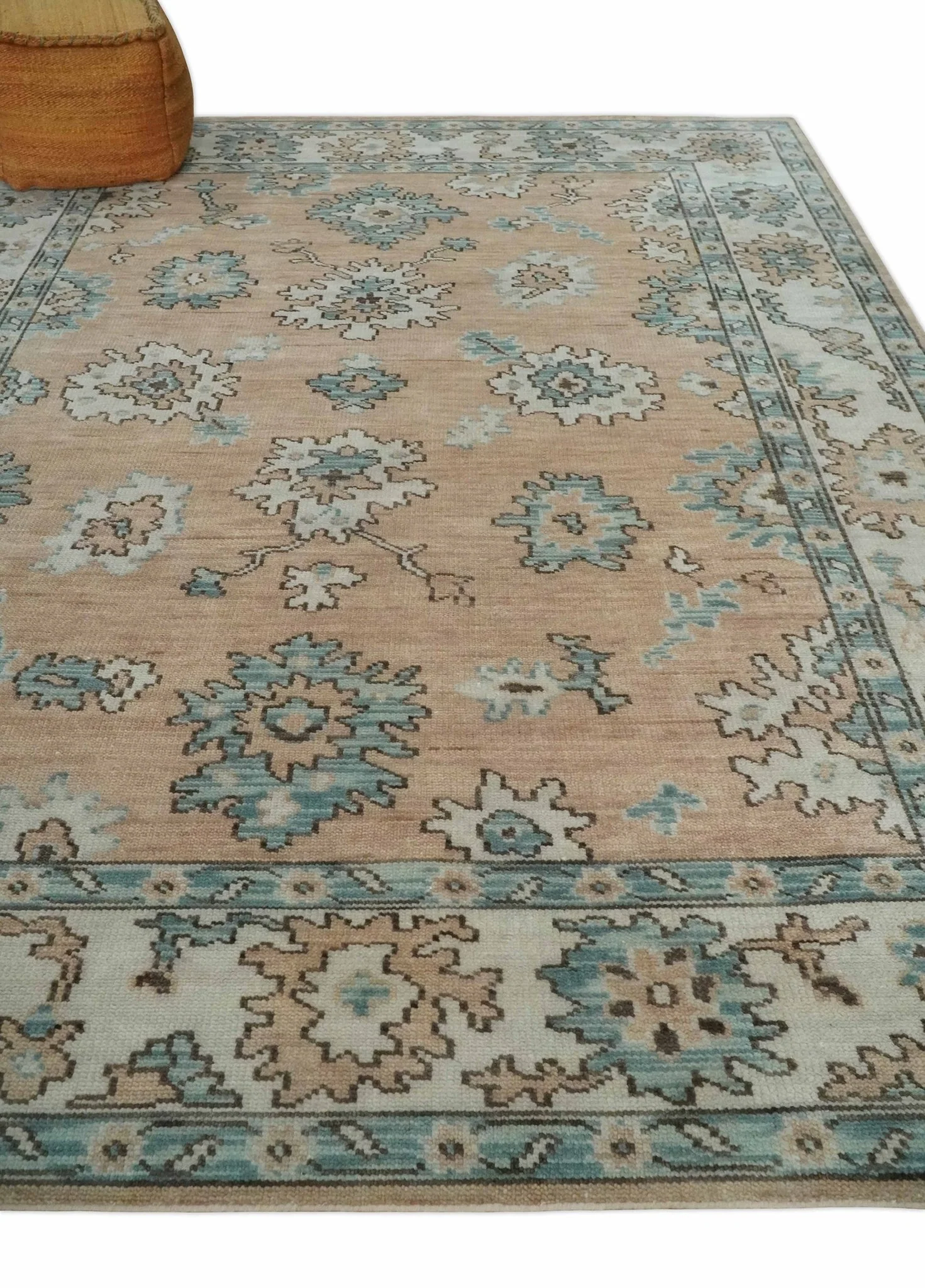 Peach, Ivory and Teal Hand knotted Traditional Oushak Multi Size wool Area Rug - Image 3