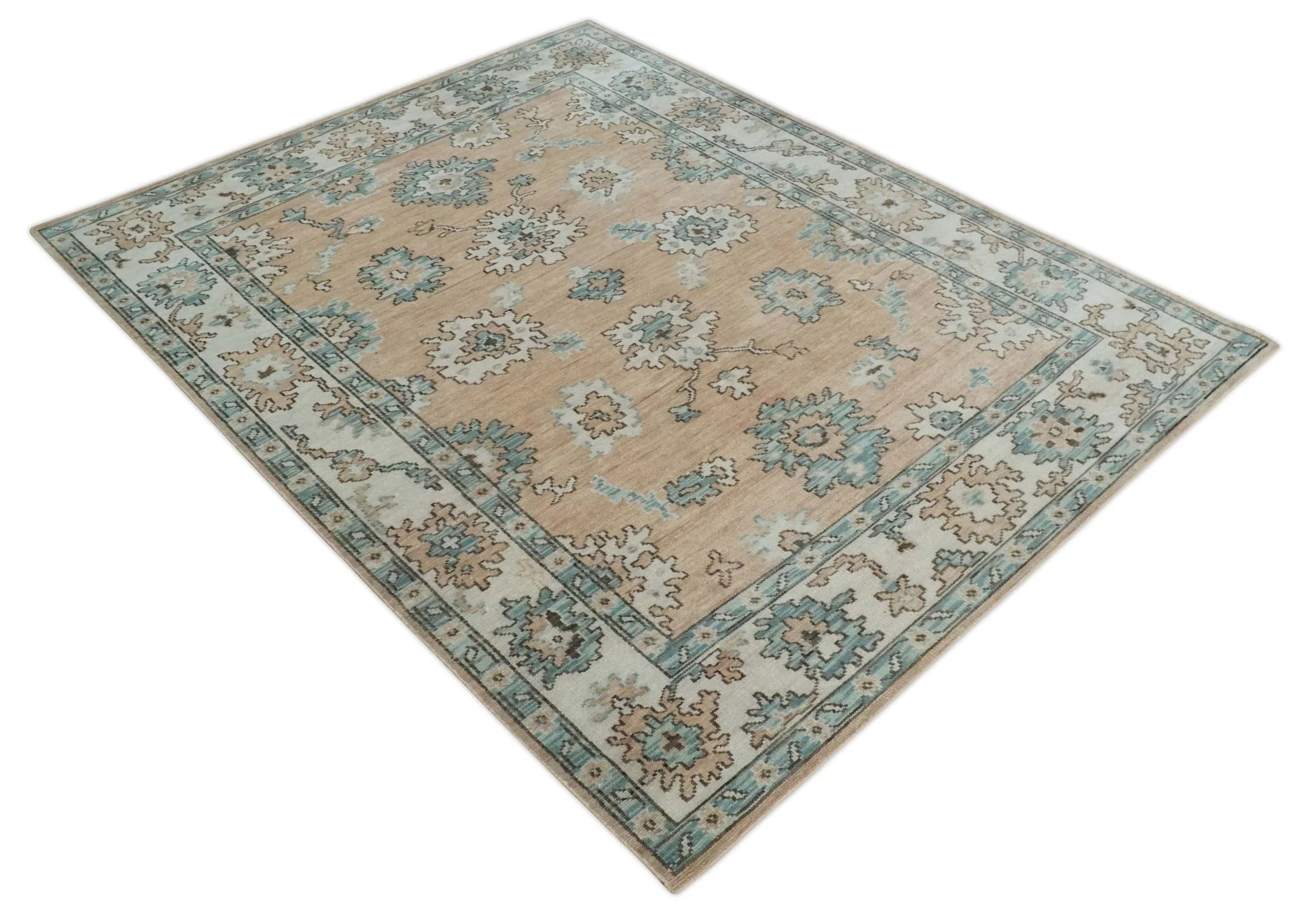 Peach, Ivory and Teal Hand knotted Traditional Oushak 8x10 wool Area Rug - Image 10