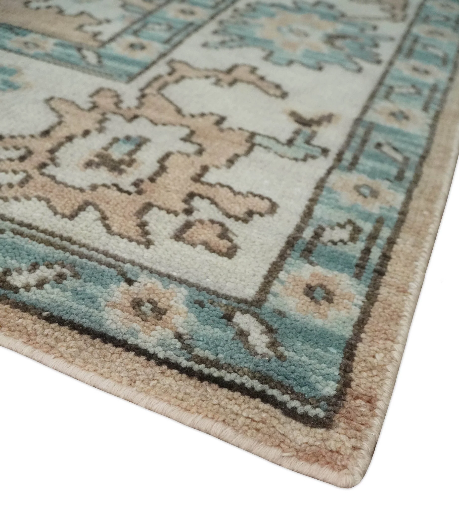 Peach, Ivory and Teal Hand knotted Traditional Oushak 8x10 wool Area Rug - Image 4