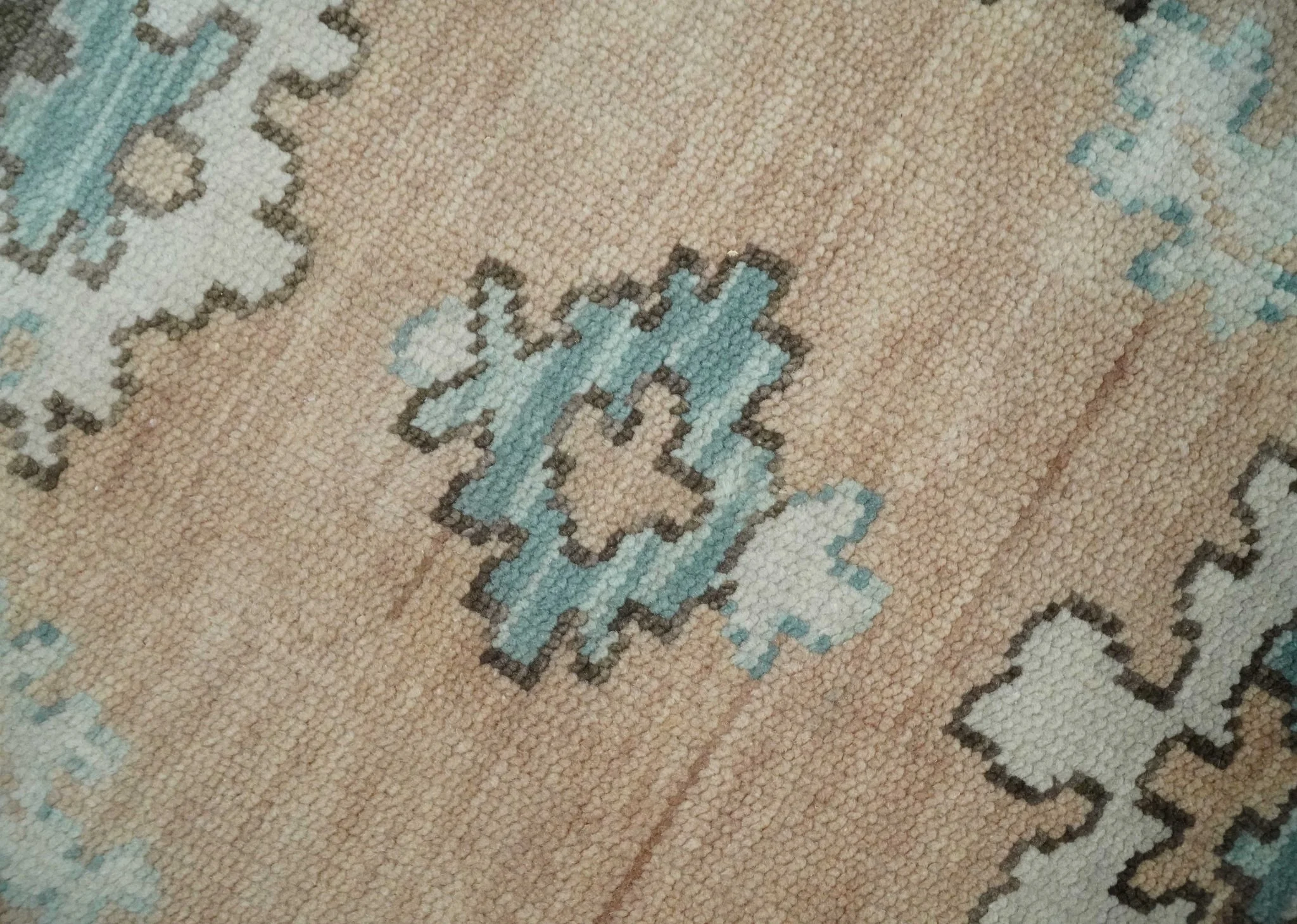 Peach, Ivory and Teal Hand knotted Traditional Oushak 8x10 wool Area Rug - Image 5