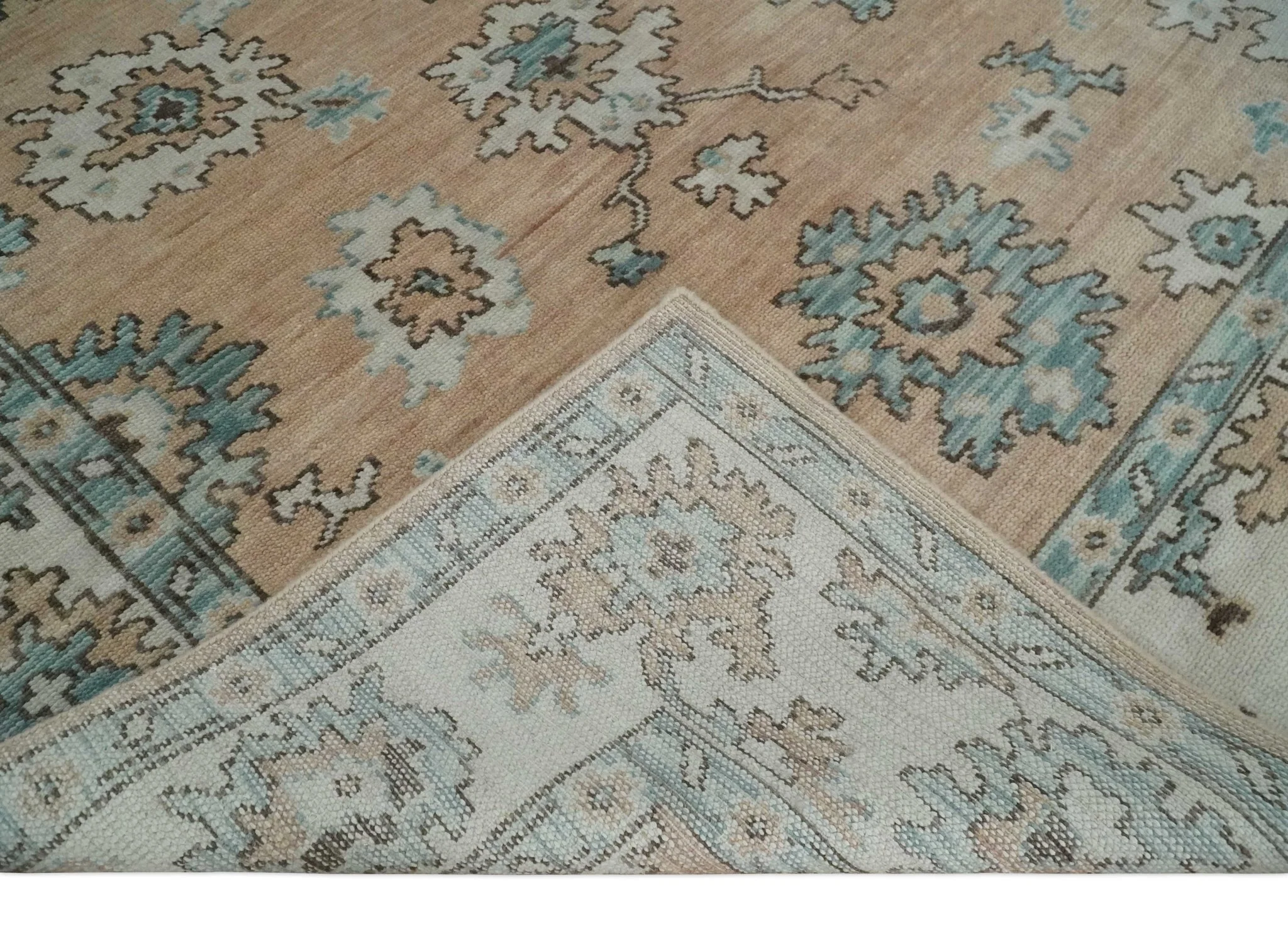 Peach, Ivory and Teal Hand knotted Traditional Oushak 8x10 wool Area Rug - Image 7