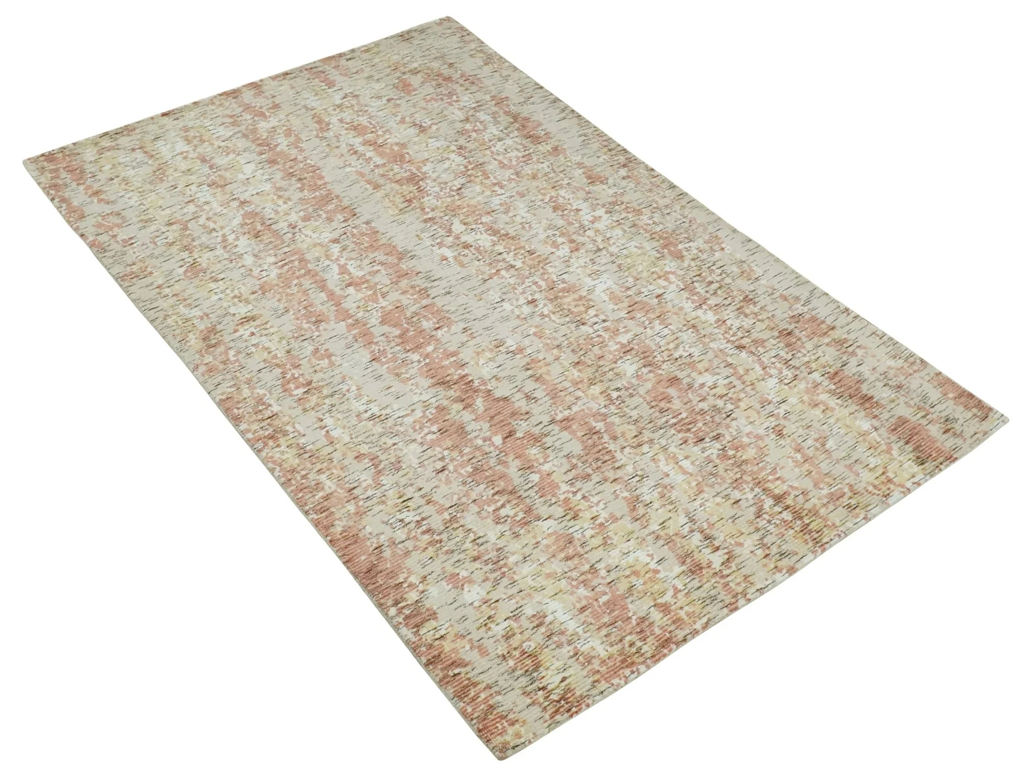 Modern Abstract Peach, Ivory, Gold and Charcoal Hand loom 5x8 Wool and Viscose Area Rug - Image 10