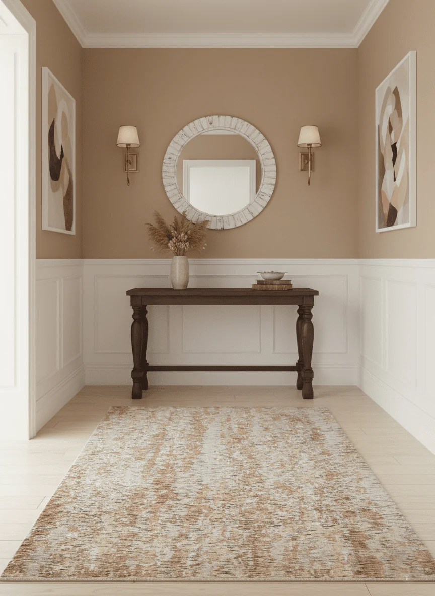 Modern Abstract Peach, Ivory, Gold and Charcoal Hand loom 5x8 Wool and Viscose Area Rug - Image 2