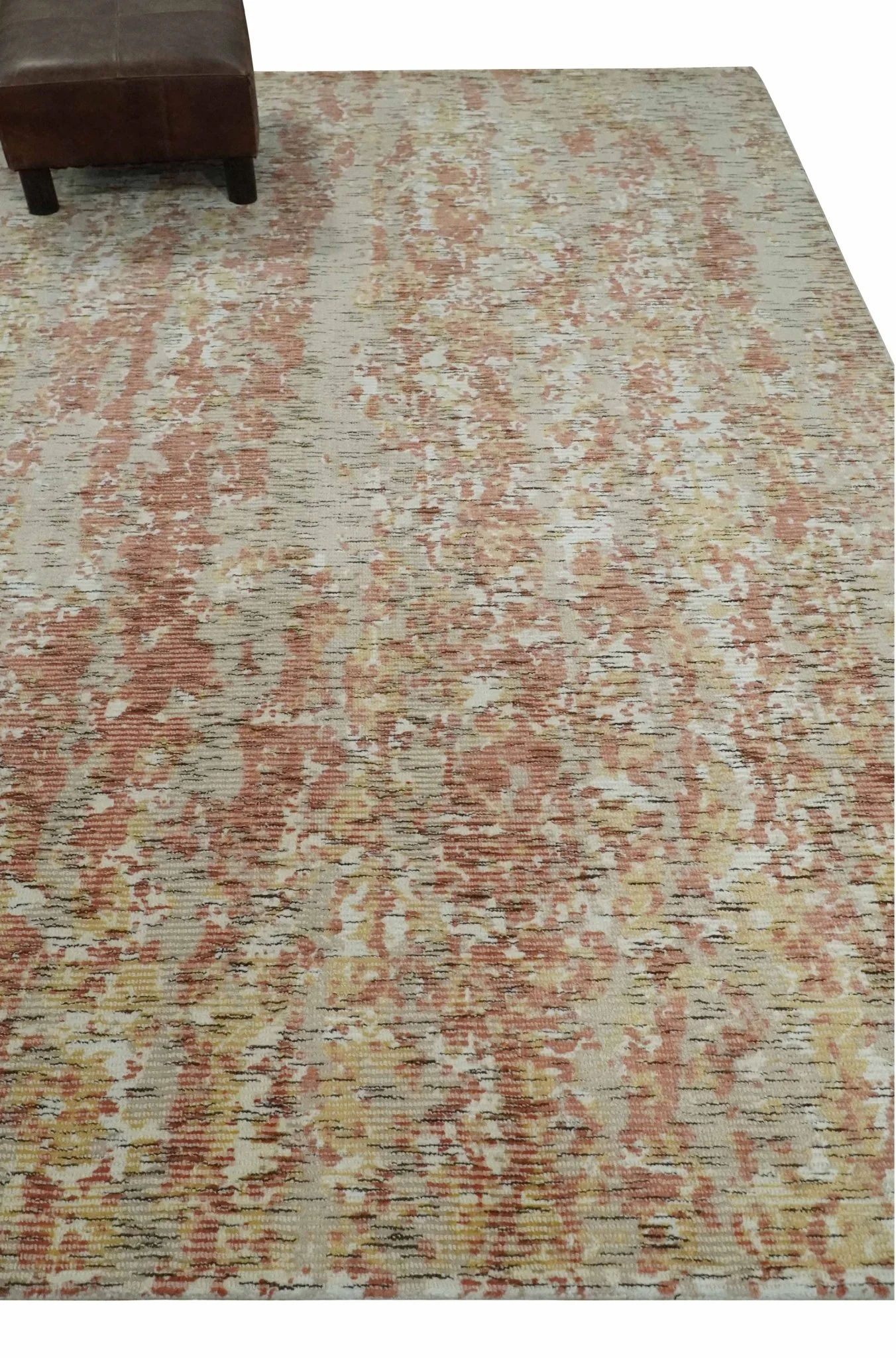 Modern Abstract Peach, Ivory, Gold and Charcoal Hand loom 5x8 Wool and Viscose Area Rug - Image 4