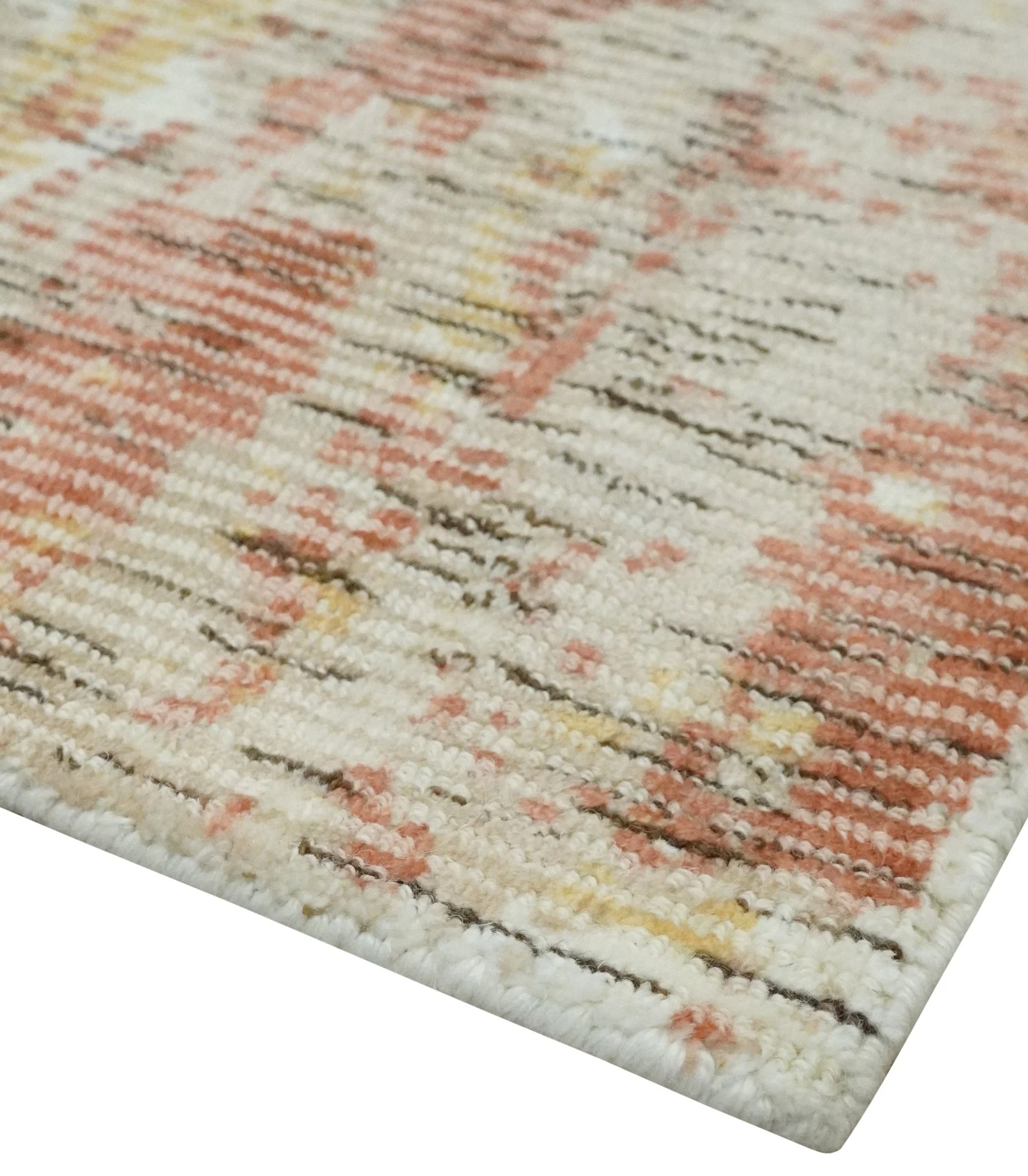 Modern Abstract Peach, Ivory, Gold and Charcoal Hand loom 5x8 Wool and Viscose Area Rug - Image 6