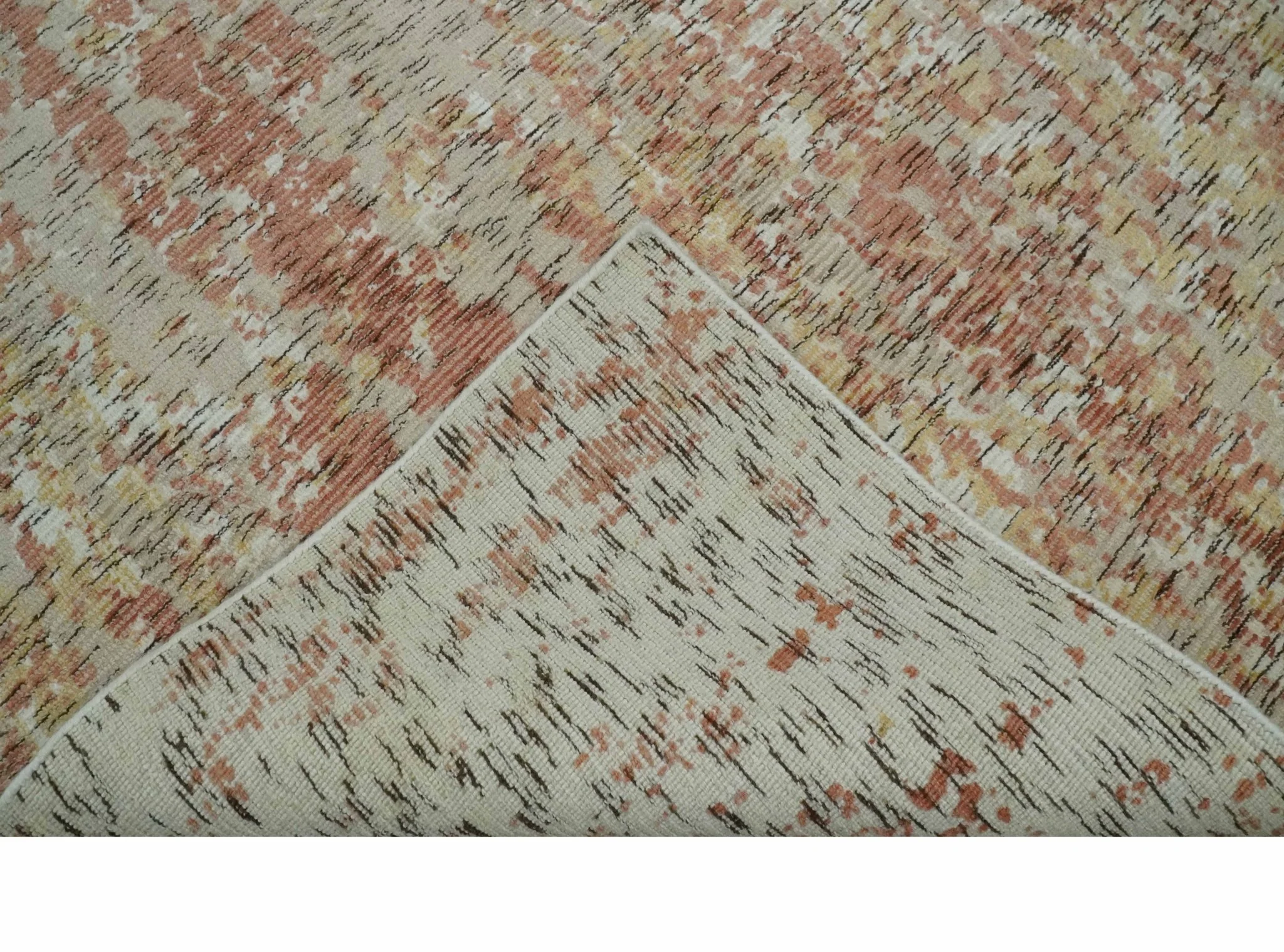 Modern Abstract Peach, Ivory, Gold and Charcoal Hand loom 5x8 Wool and Viscose Area Rug - Image 7