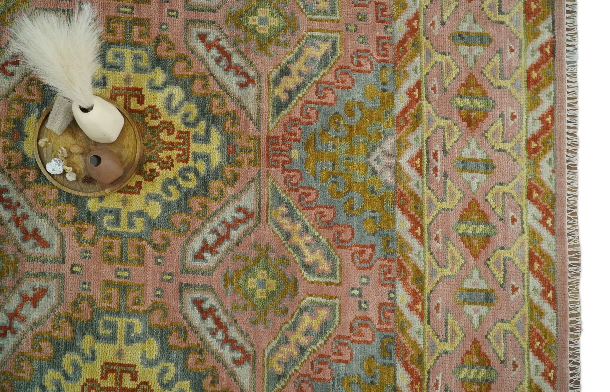 Peach, Mustard, Brown and Gray Oriental Hand Knotted Multi Size Wool Area Rug, Living Room and Bedroom Rug - Image 12