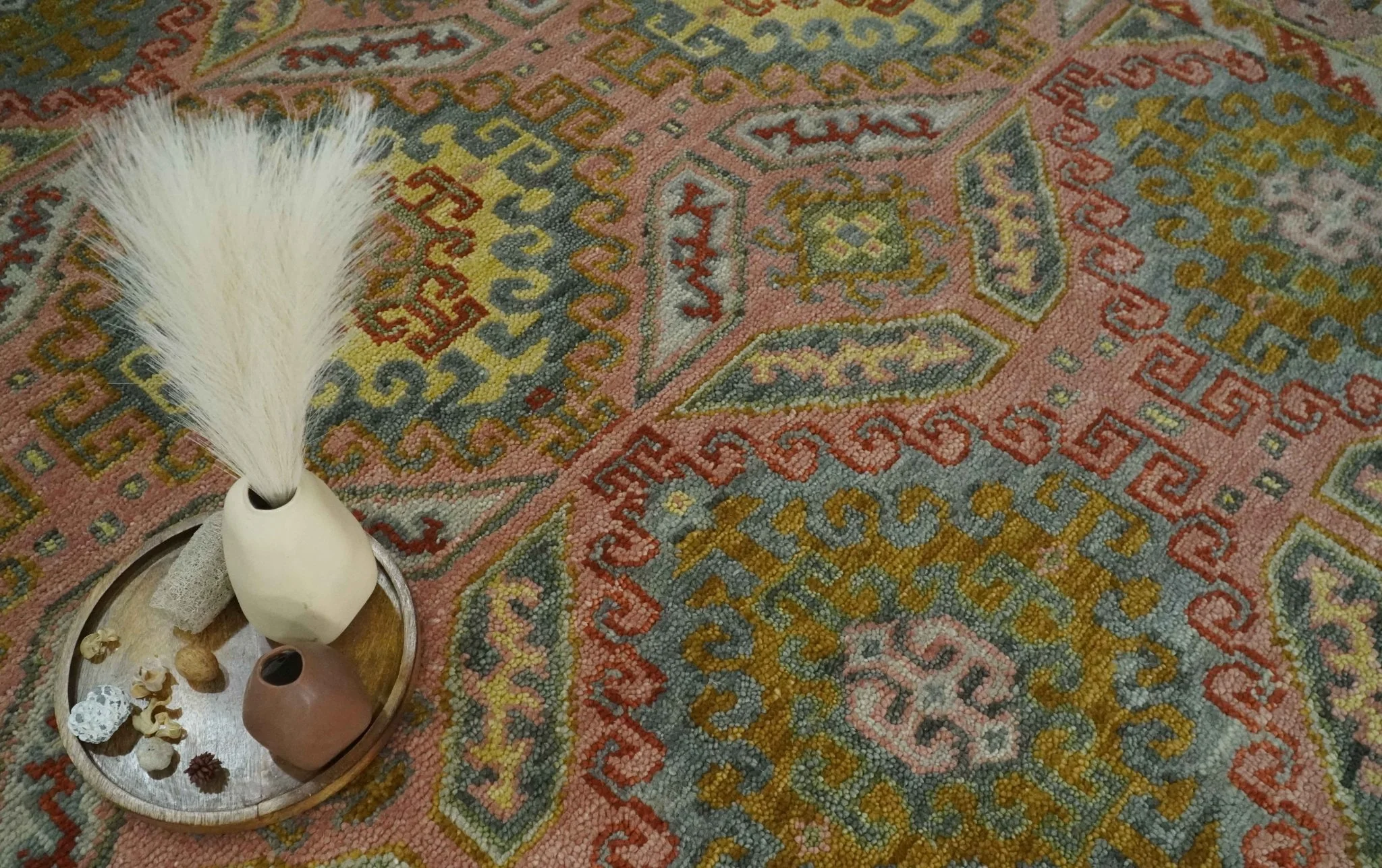 Peach, Mustard, Brown and Gray Oriental Hand Knotted Multi Size Wool Area Rug, Living Room and Bedroom Rug - Image 9