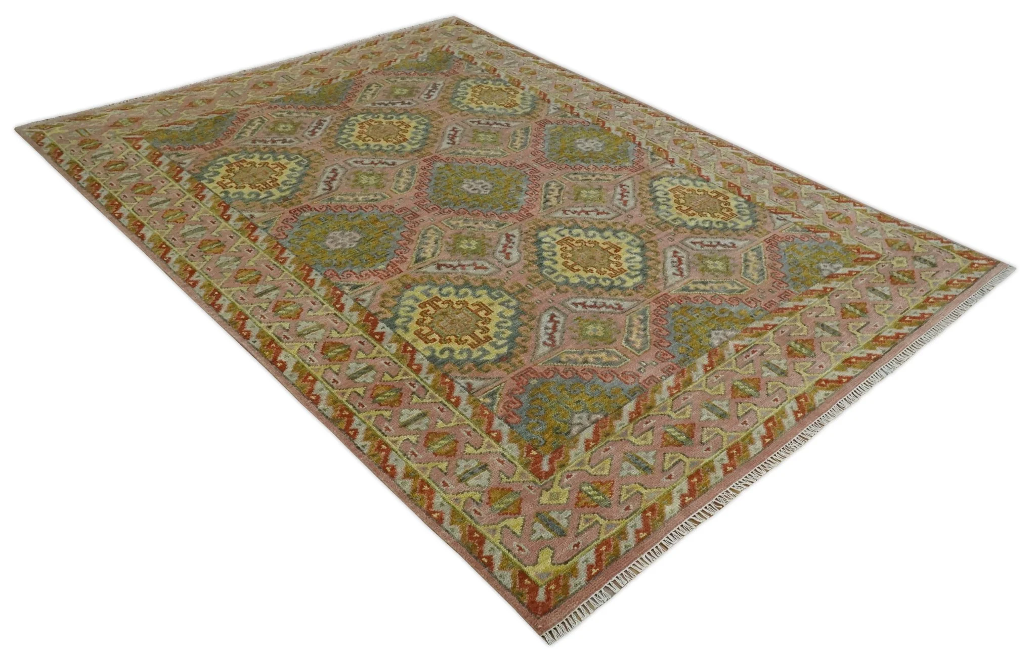 Peach, Mustard, Brown and Gray Oriental Hand Knotted 8x10 and 9x12 Wool Area Rug - Image 10