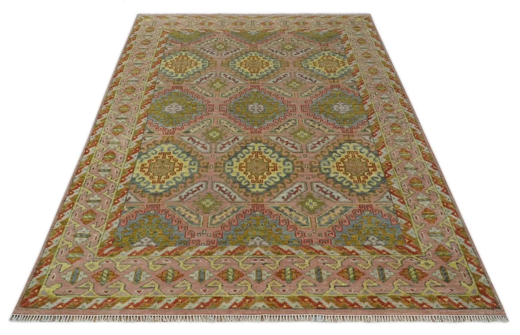 Peach, Mustard, Brown and Gray Oriental Hand Knotted 8x10 and 9x12 Wool Area Rug - Image 11