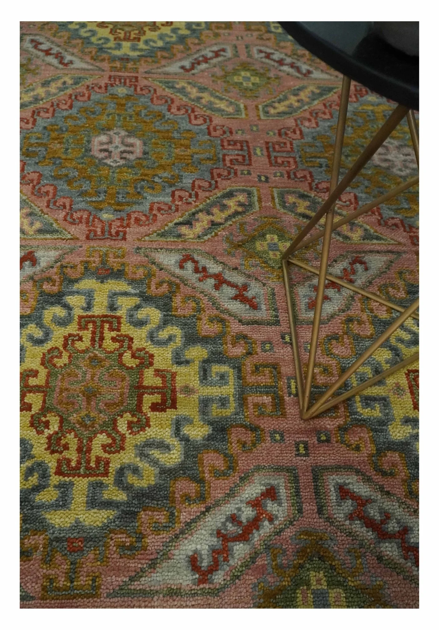Peach, Mustard, Brown and Gray Oriental Hand Knotted 8x10 and 9x12 Wool Area Rug - Image 2