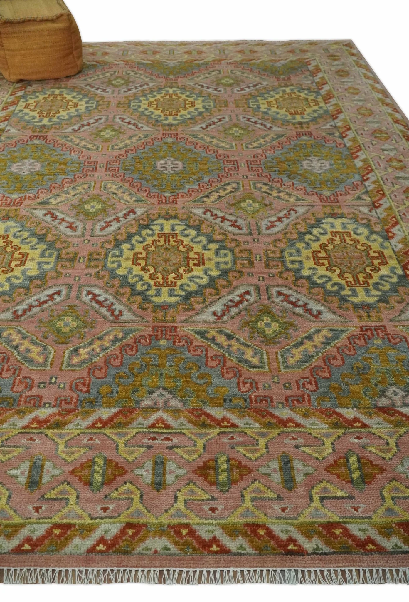 Peach, Mustard, Brown and Gray Oriental Hand Knotted 8x10 and 9x12 Wool Area Rug - Image 3