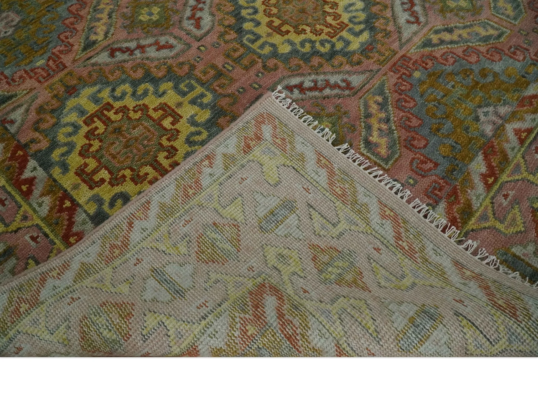 Peach, Mustard, Brown and Gray Oriental Hand Knotted 8x10 and 9x12 Wool Area Rug - Image 8
