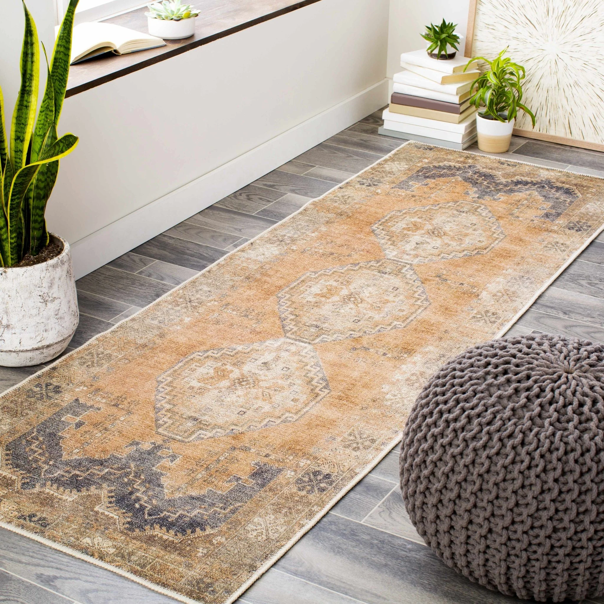Machine Woven Peach, Silver, Blue and Brown Traditional Machine Washable Rug - Image 12