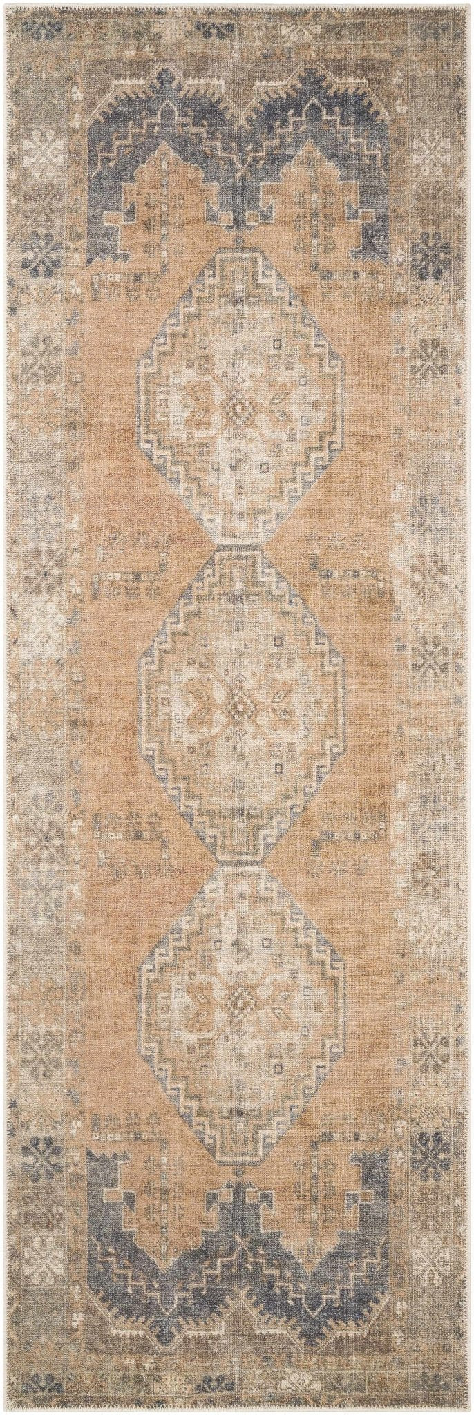 Machine Woven Peach, Silver, Blue and Brown Traditional Machine Washable Rug - Image 15