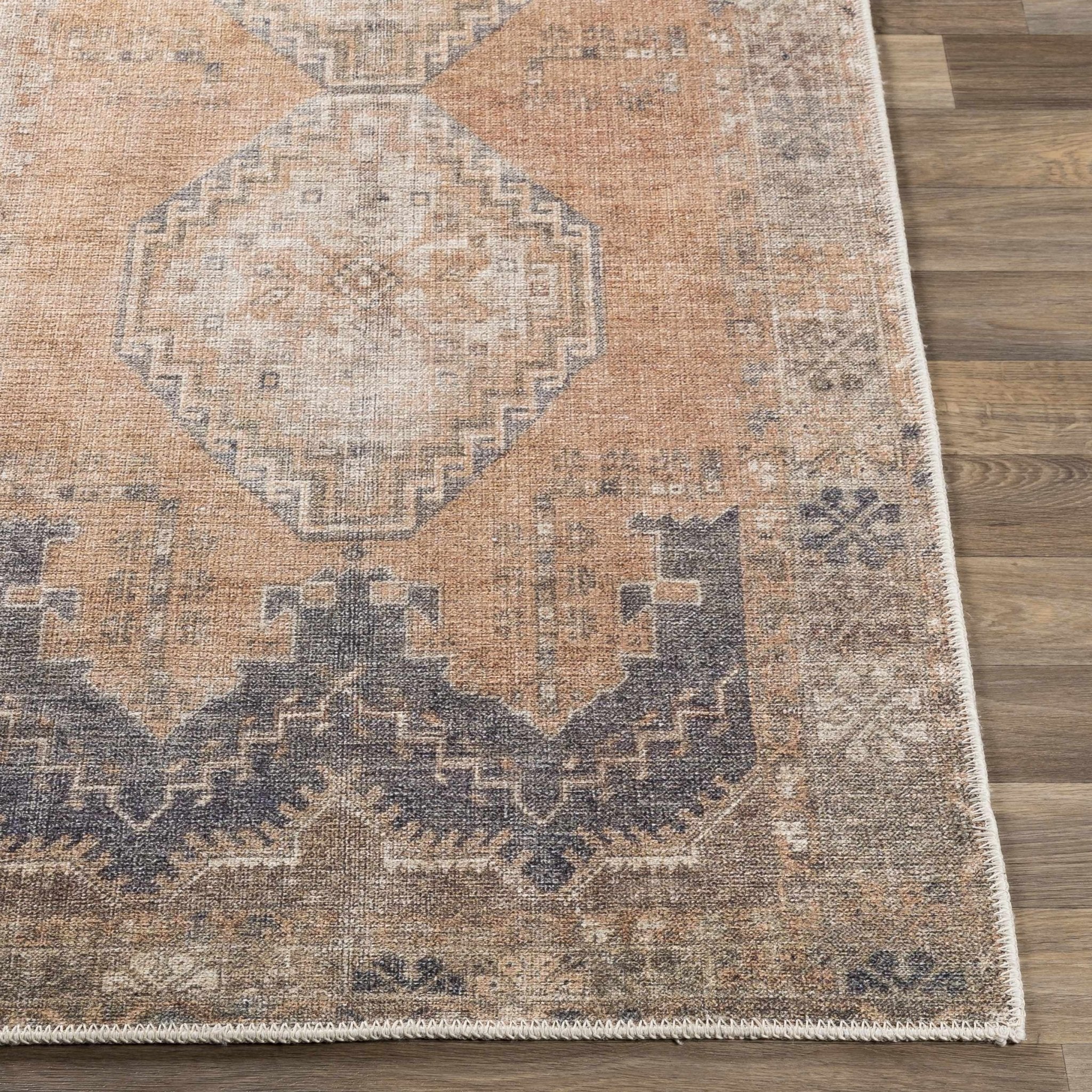 Machine Woven Peach, Silver, Blue and Brown Traditional Machine Washable Rug - Image 16