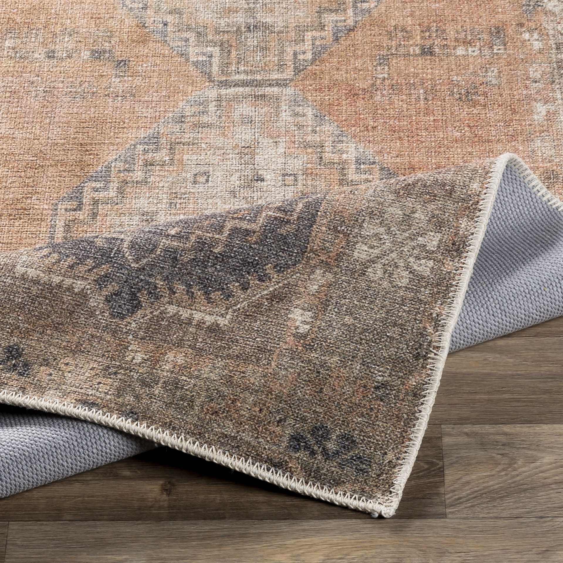 Machine Woven Peach, Silver, Blue and Brown Traditional Machine Washable Rug - Image 17