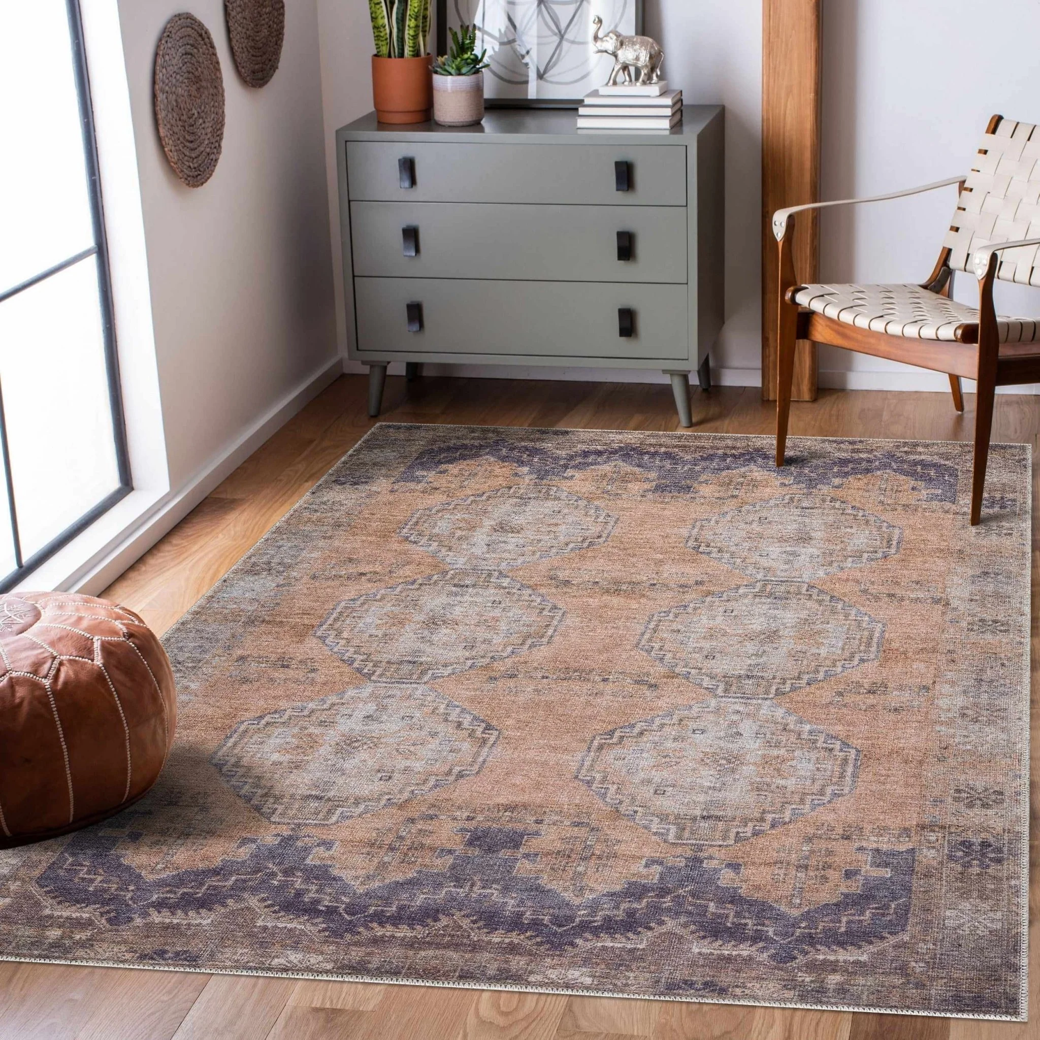 Machine Woven Peach, Silver, Blue and Brown Traditional Machine Washable Rug - Image 2