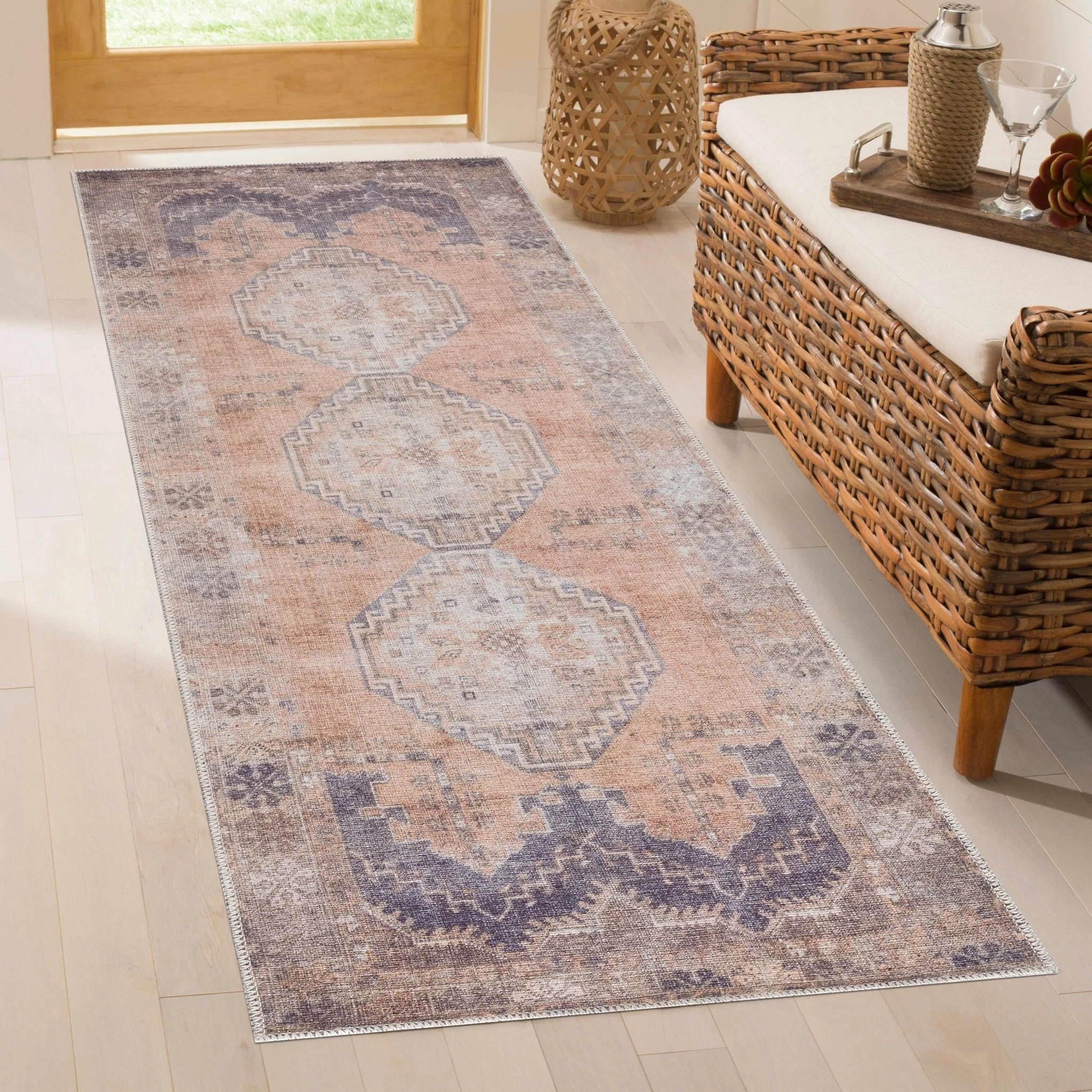 Machine Woven Peach, Silver, Blue and Brown Traditional Machine Washable Rug - Image 4