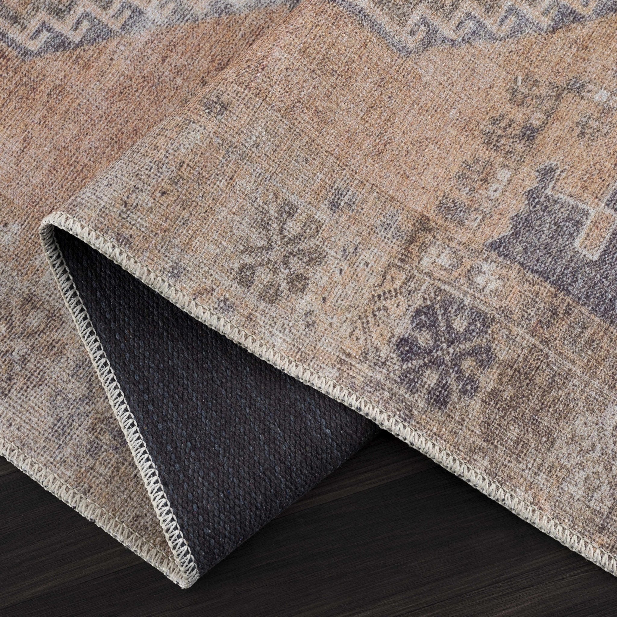 Machine Woven Peach, Silver, Blue and Brown Traditional Machine Washable Rug - Image 8