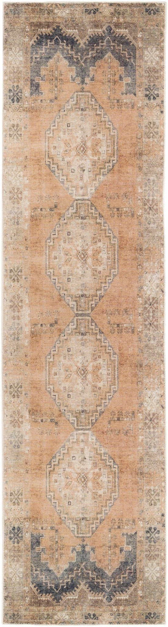 Machine Woven Peach, Silver, Blue and Brown Traditional Machine Washable Rug - Image 9