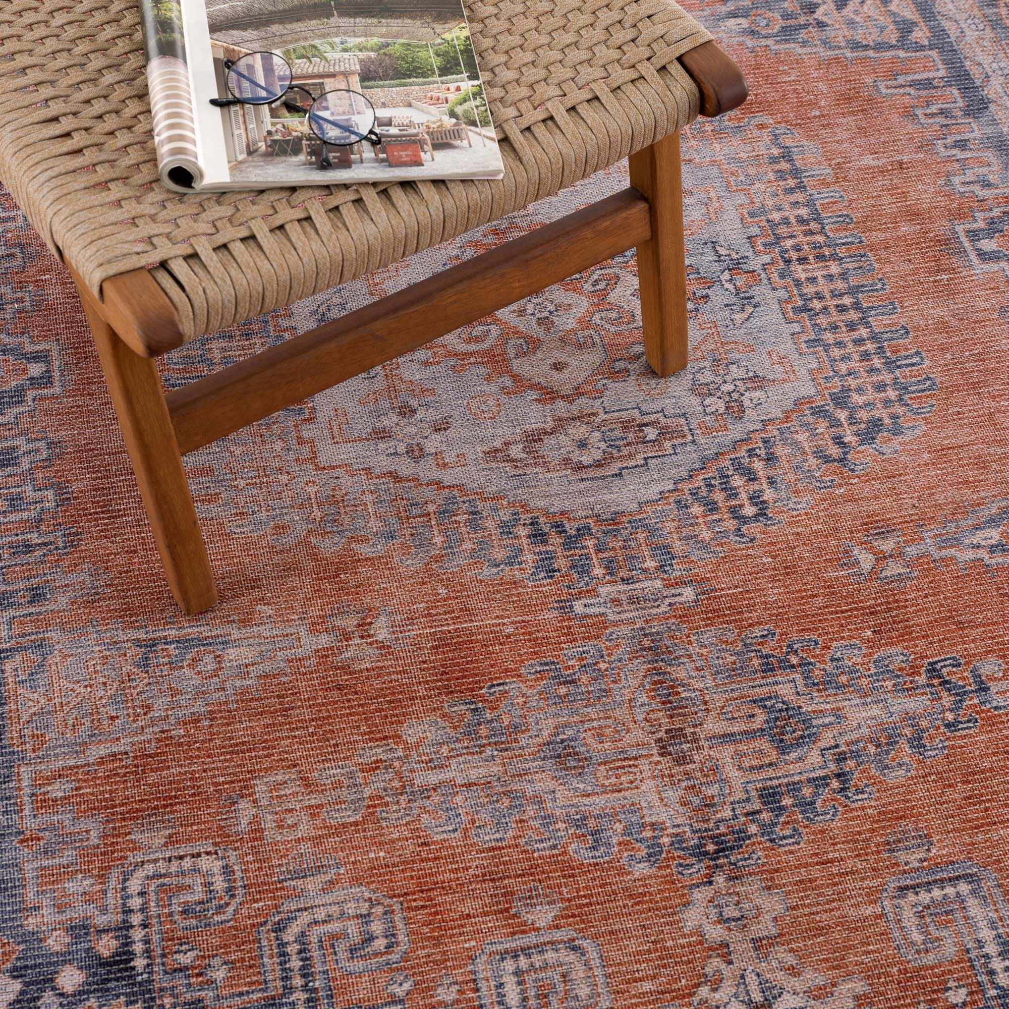 Oriental Persian Rust and Blue Vintage Style Medallion Low pile Washable Area Rug - Image 10
