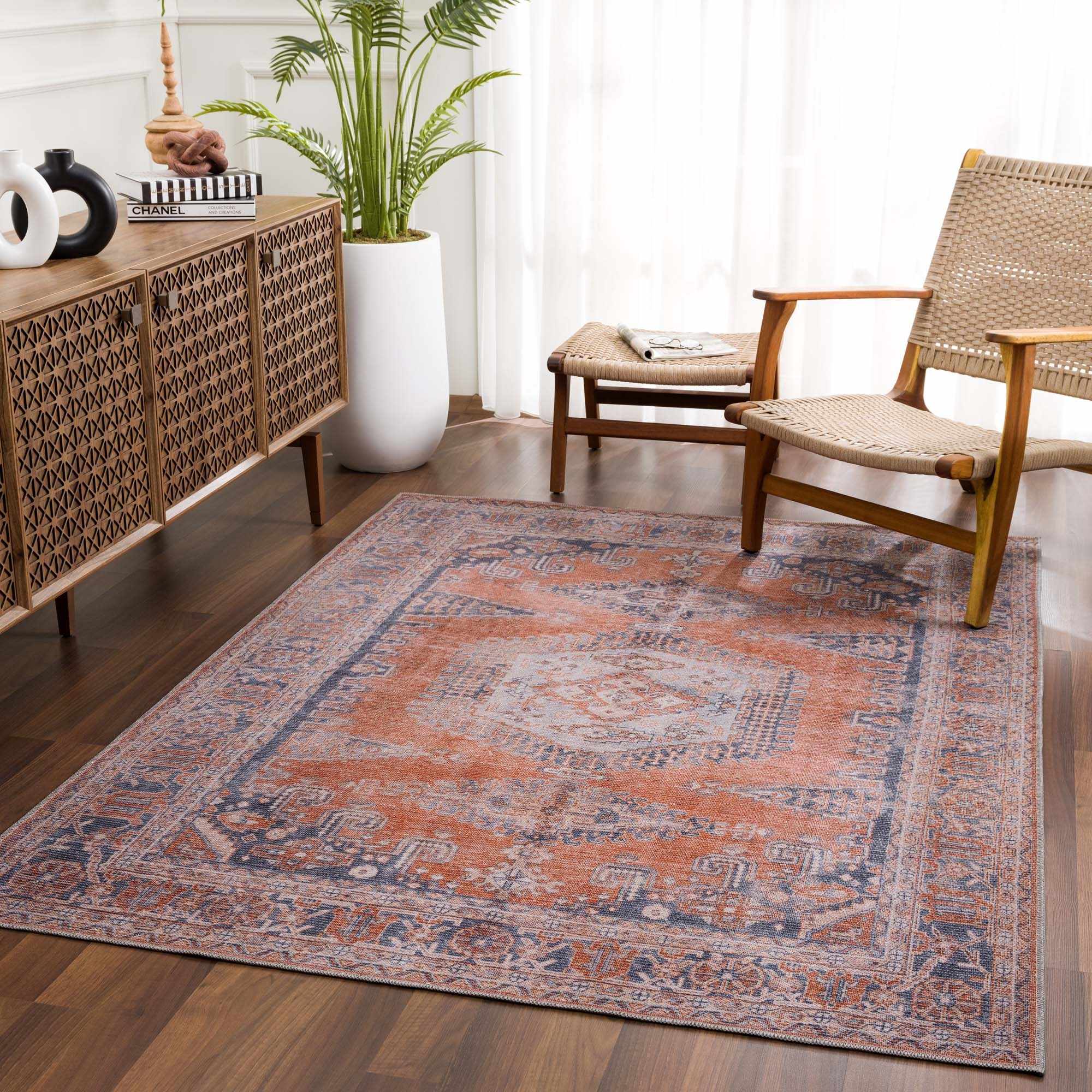 Oriental Persian Rust and Blue Vintage Style Medallion Low pile Washable Area Rug - Image 2
