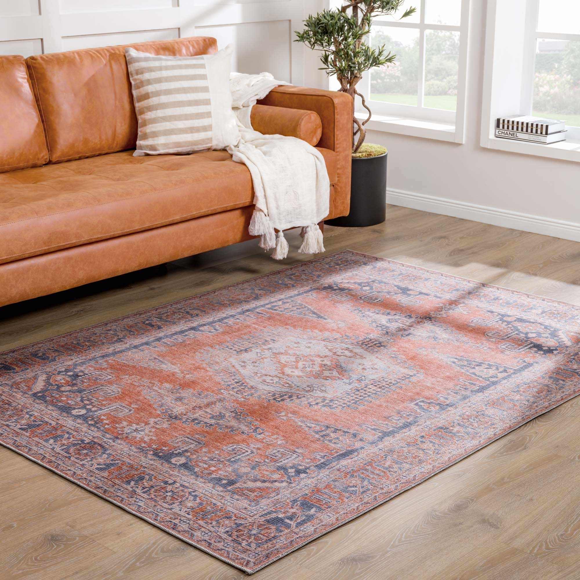 Oriental Persian Rust and Blue Vintage Style Medallion Low pile Washable Area Rug - Image 3