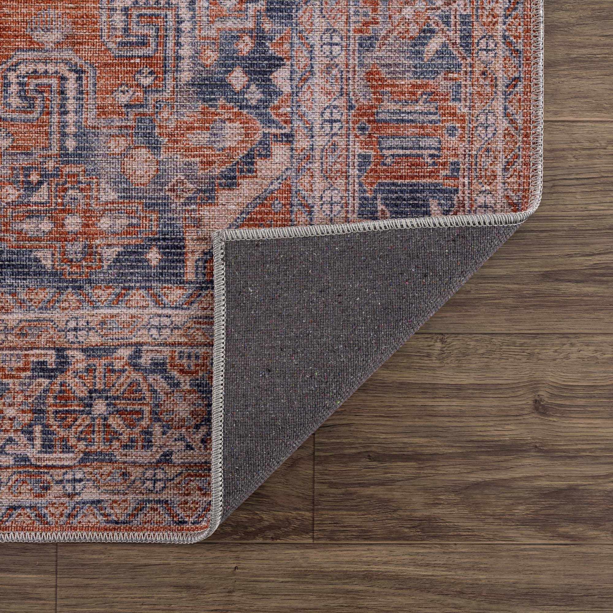 Oriental Persian Rust and Blue Vintage Style Medallion Low pile Washable Area Rug - Image 4