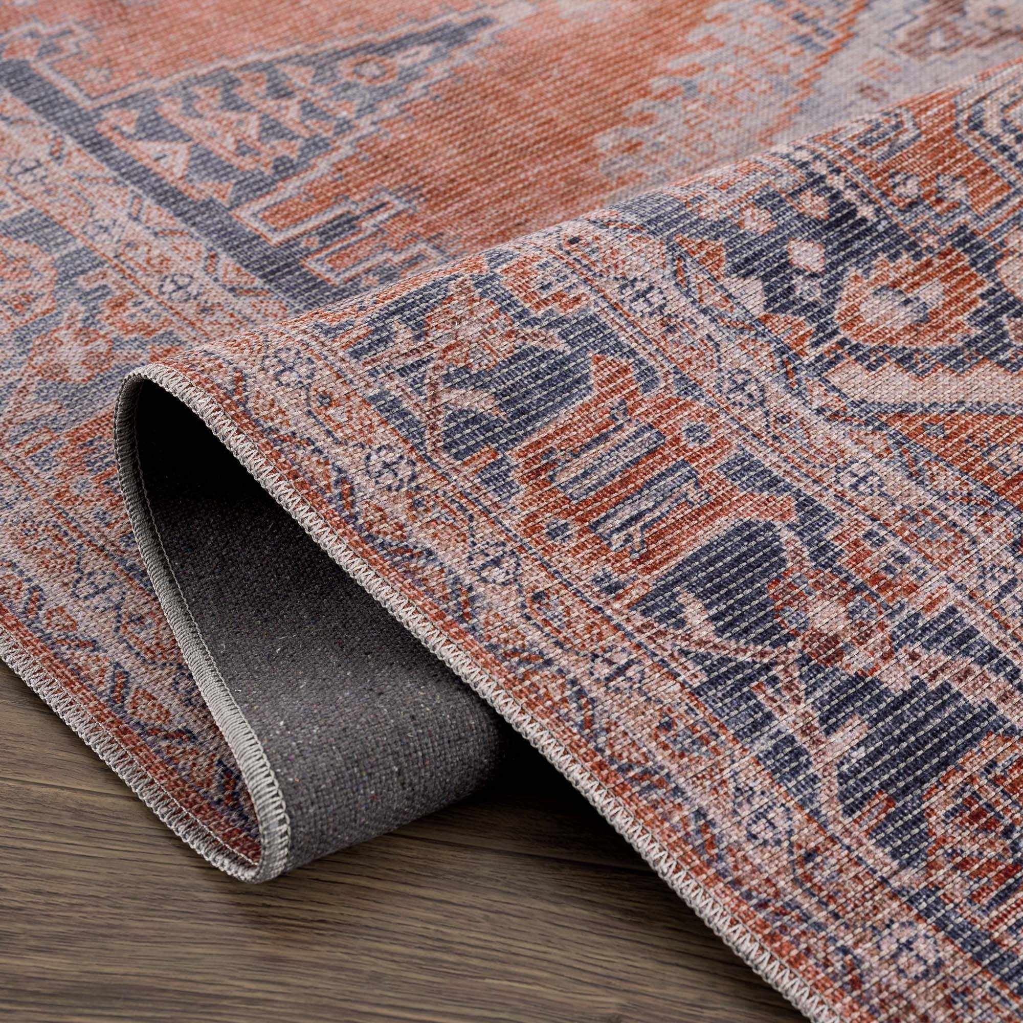 Oriental Persian Rust and Blue Vintage Style Medallion Low pile Washable Area Rug - Image 5