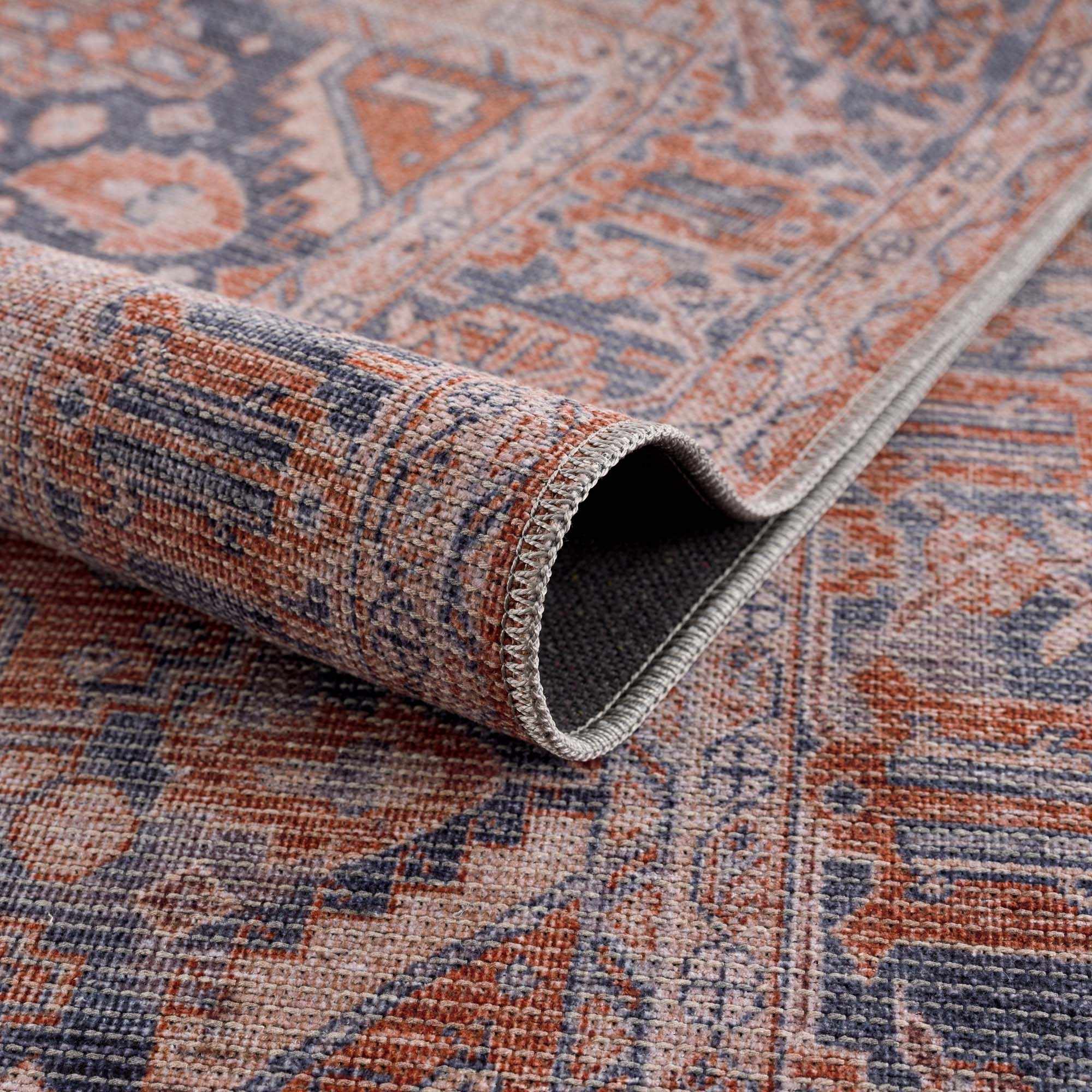 Oriental Persian Rust and Blue Vintage Style Medallion Low pile Washable Area Rug - Image 6