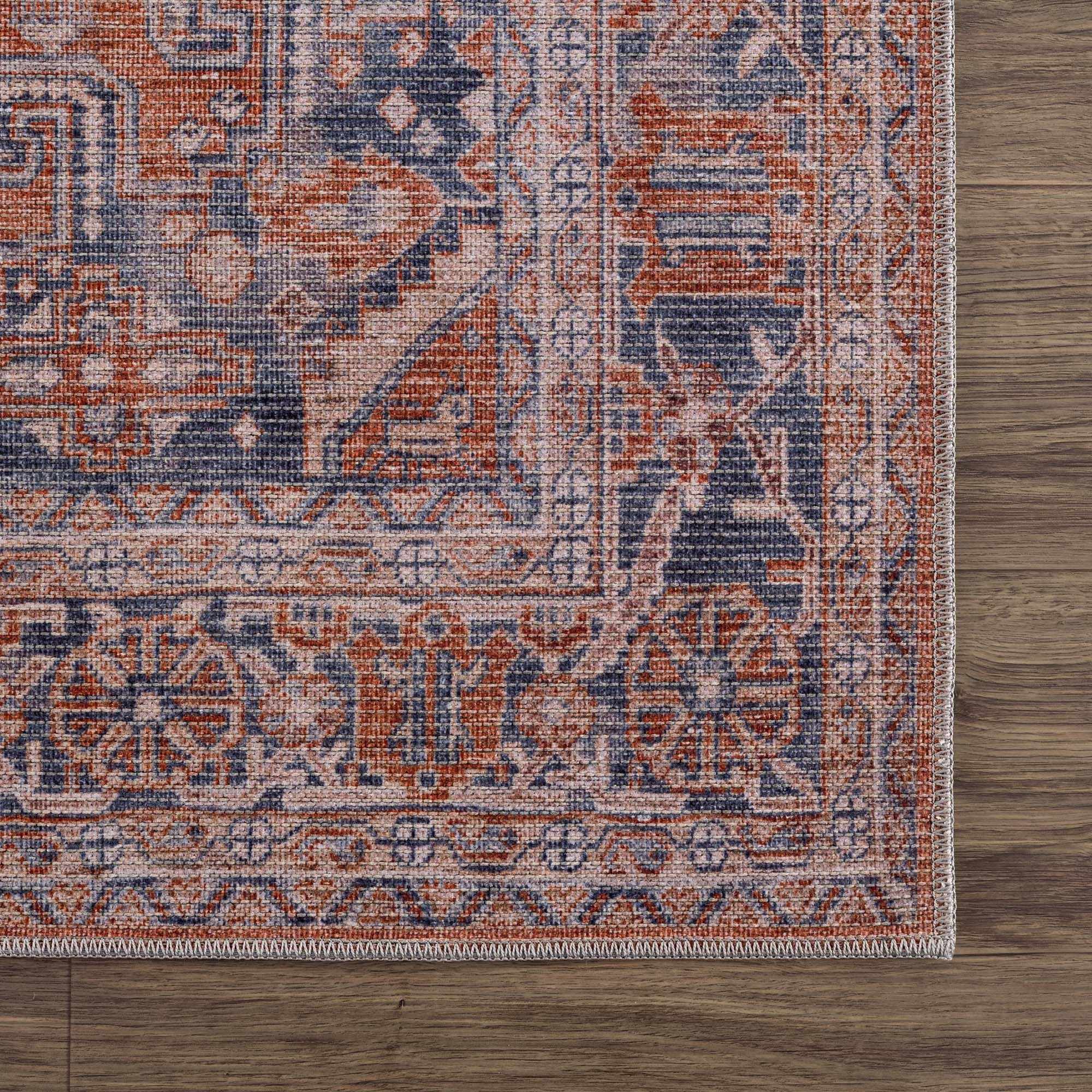 Oriental Persian Rust and Blue Vintage Style Medallion Low pile Washable Area Rug - Image 7