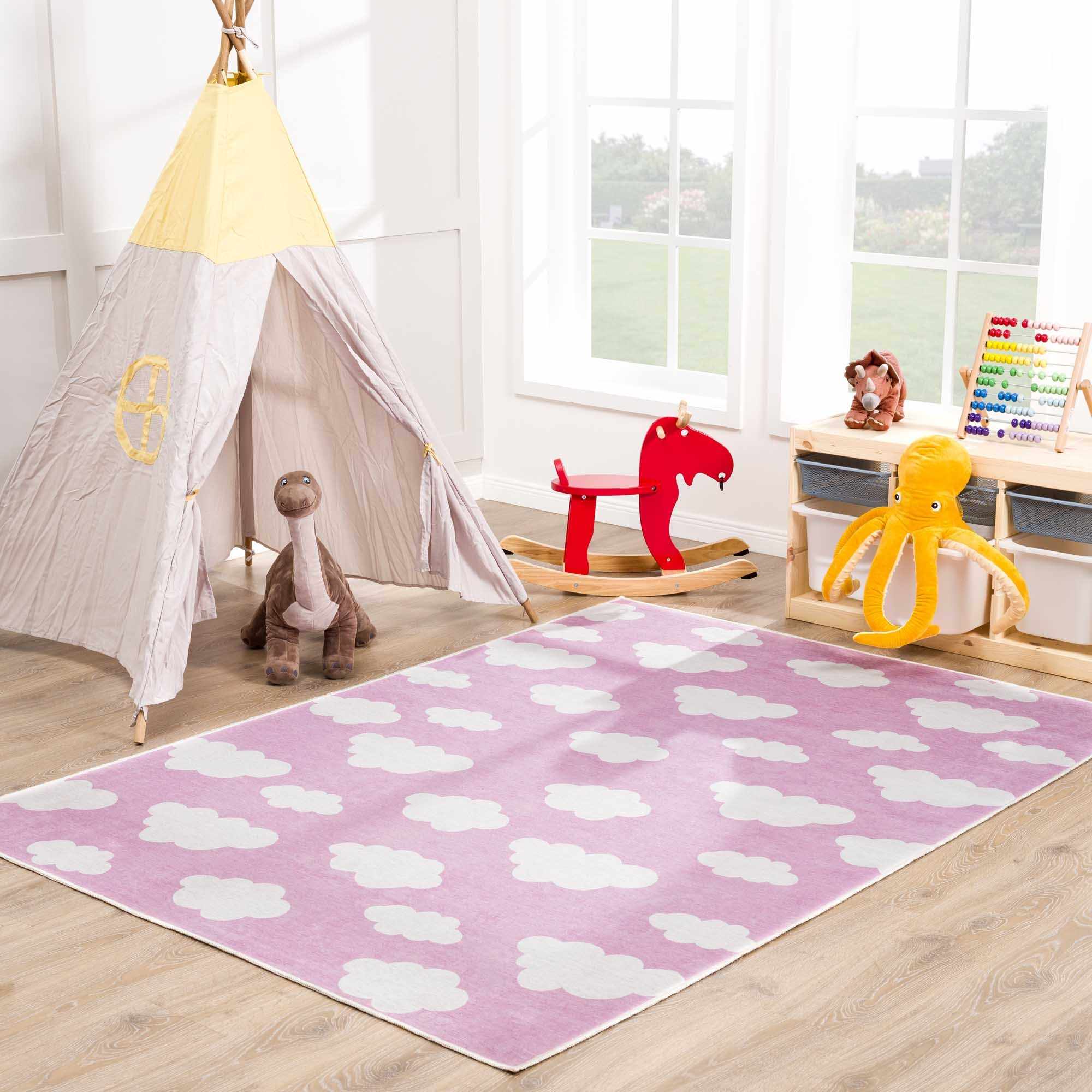 Pink and Ivory Cloud printed Washable Kids Rug, Perfect for kids room - Image 2