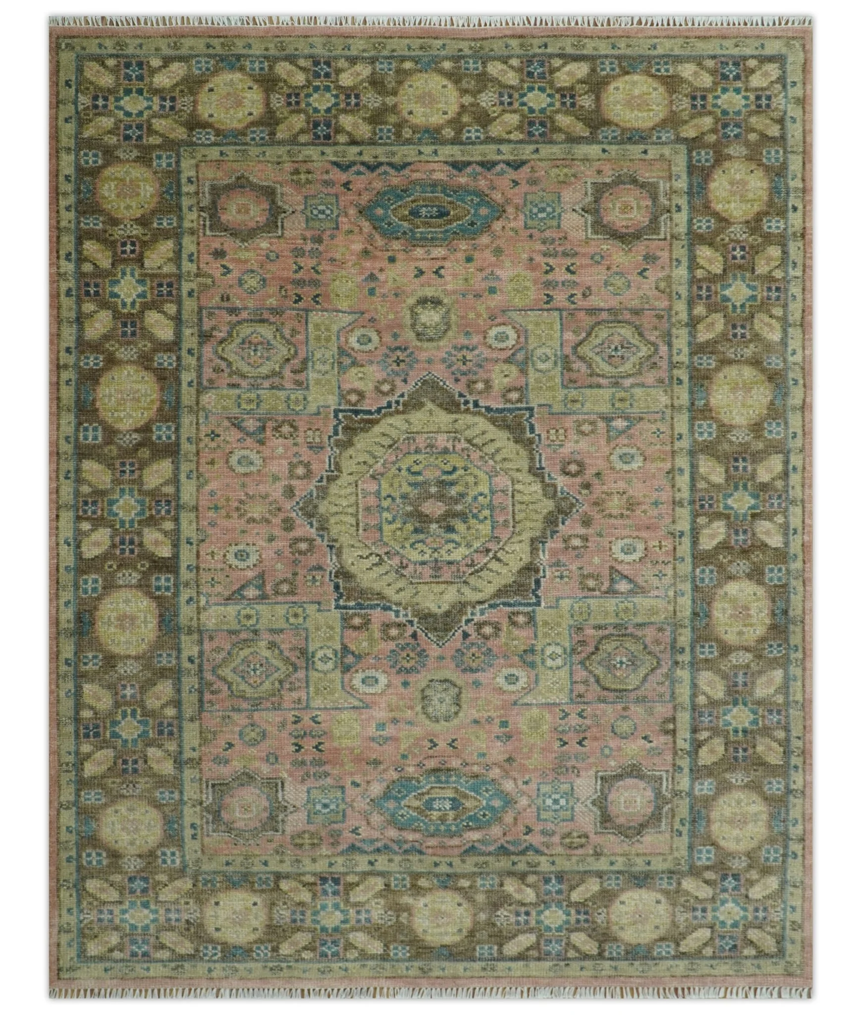 Custom Made Pink, Beige and Olive Hand knotted Medallion Mamluk Multi Size wool Area Rug - Image 13