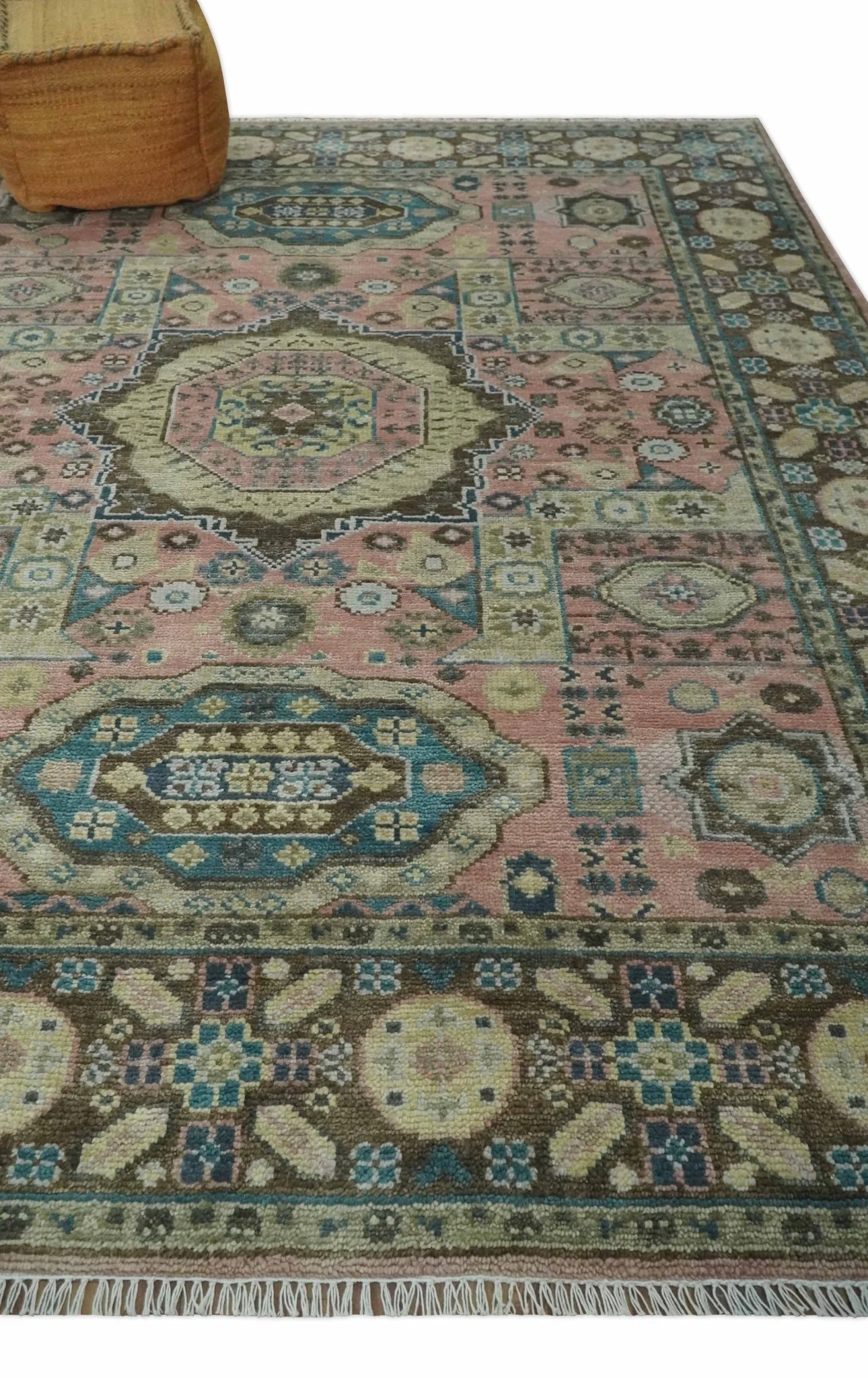 Custom Made Pink, Beige and Olive Hand knotted Medallion Mamluk Multi Size wool Area Rug - Image 4