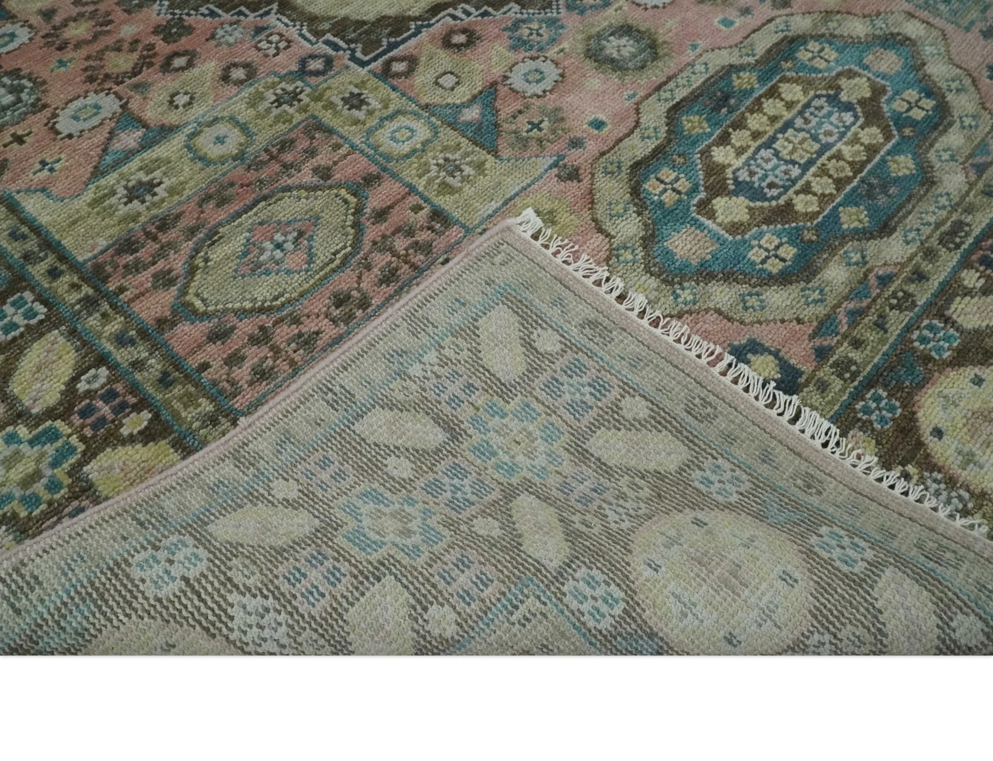 Custom Made Pink, Beige and Olive Hand knotted Medallion Mamluk Multi Size wool Area Rug - Image 8