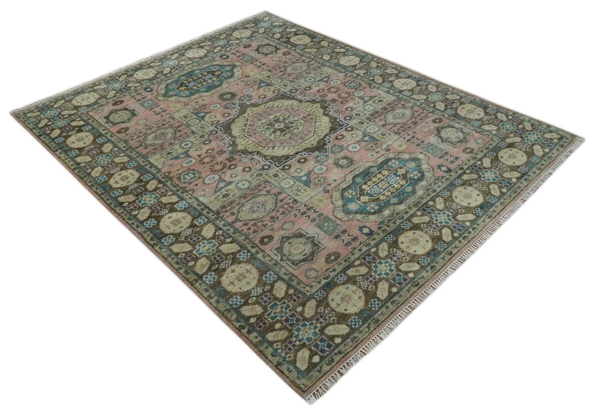 Pink, Beige and Olive Hand knotted Medallion Mamluk Design 8x10 wool Area Rug - Image 10