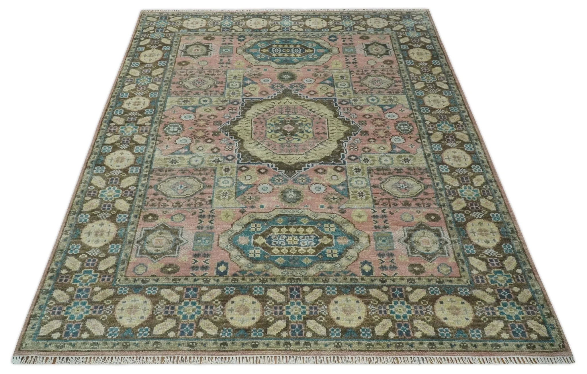 Pink, Beige and Olive Hand knotted Medallion Mamluk Design 8x10 wool Area Rug - Image 11
