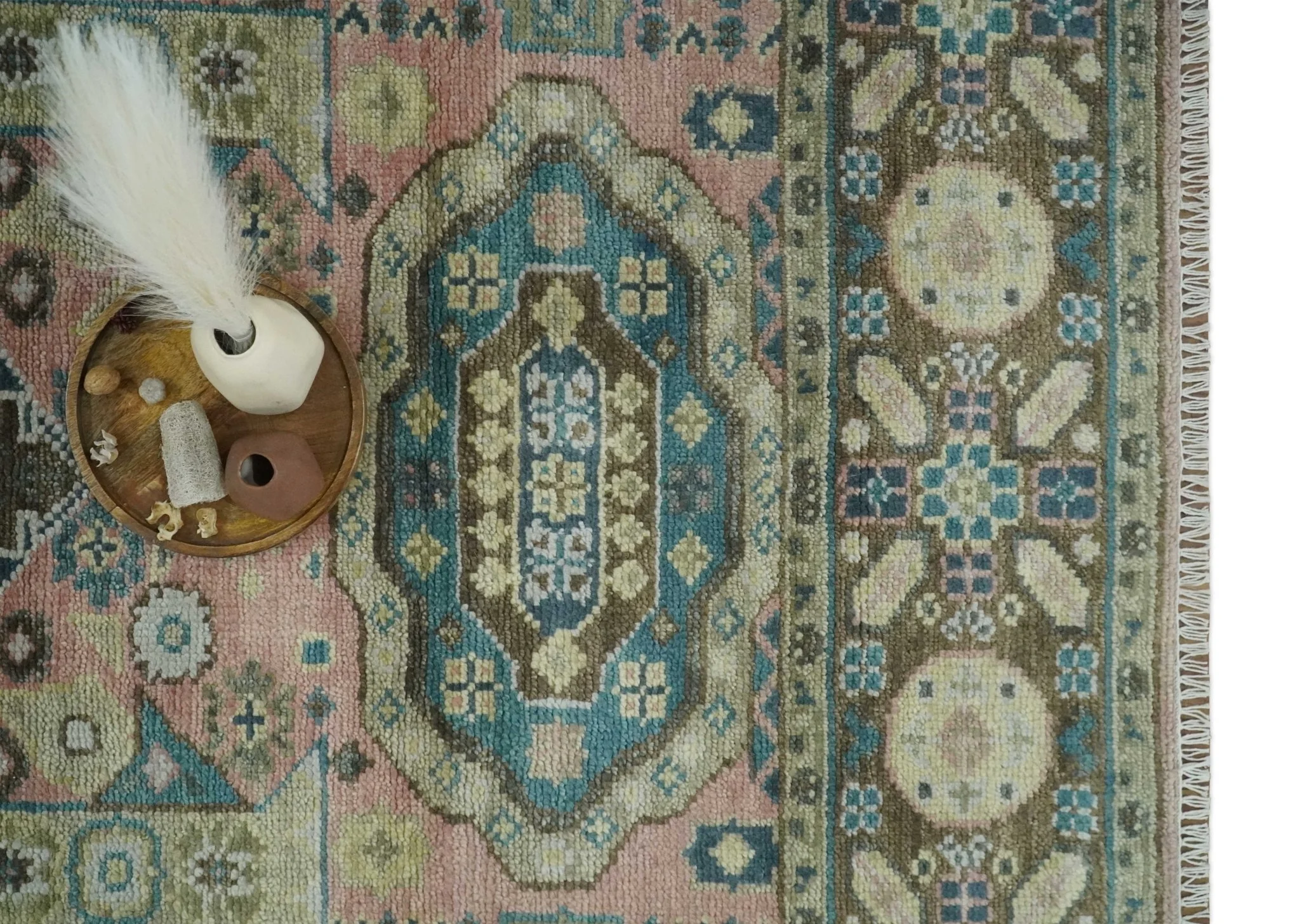 Pink, Beige and Olive Hand knotted Medallion Mamluk Design 8x10 wool Area Rug - Image 12