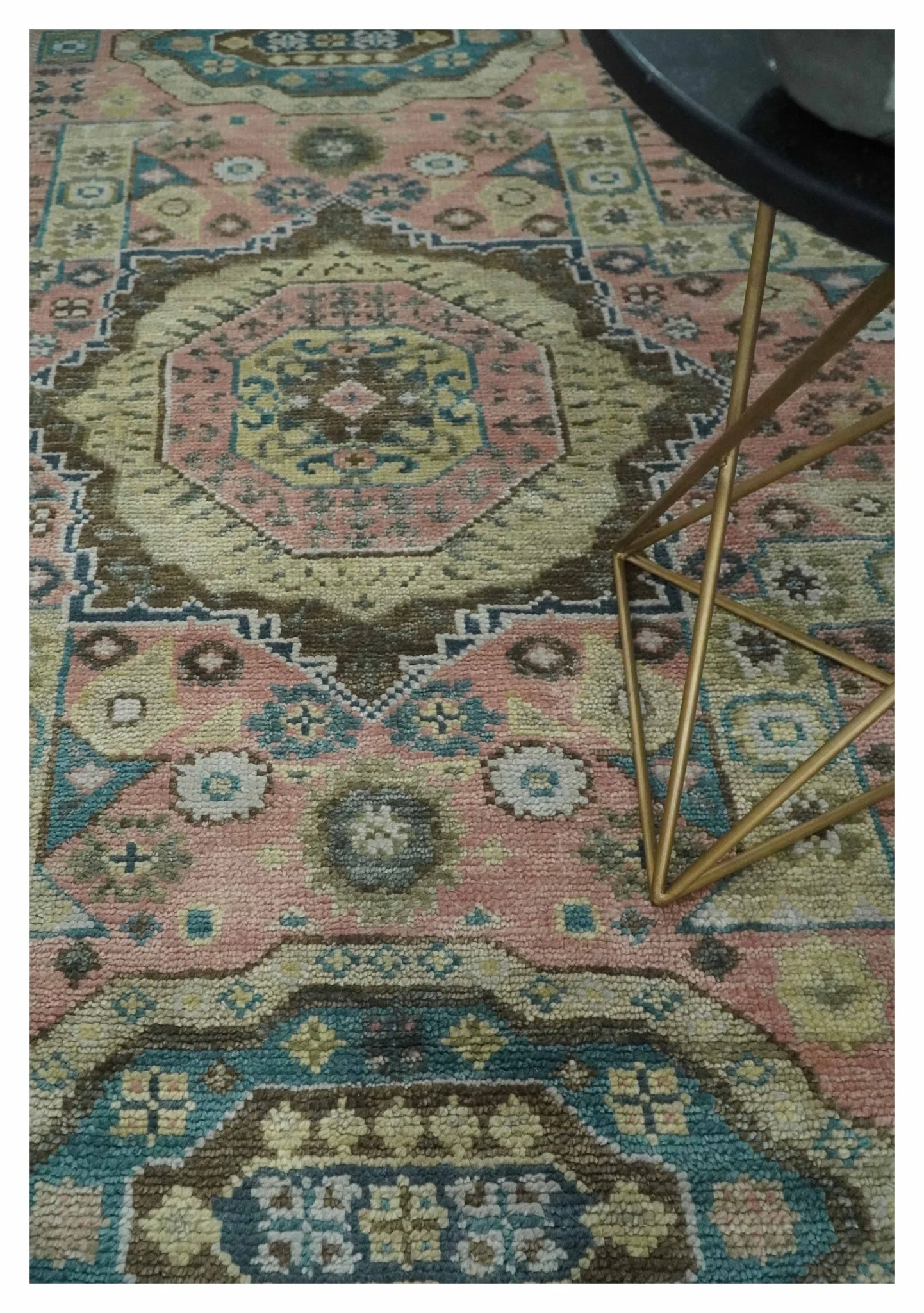 Pink, Beige and Olive Hand knotted Medallion Mamluk Design 8x10 wool Area Rug - Image 3