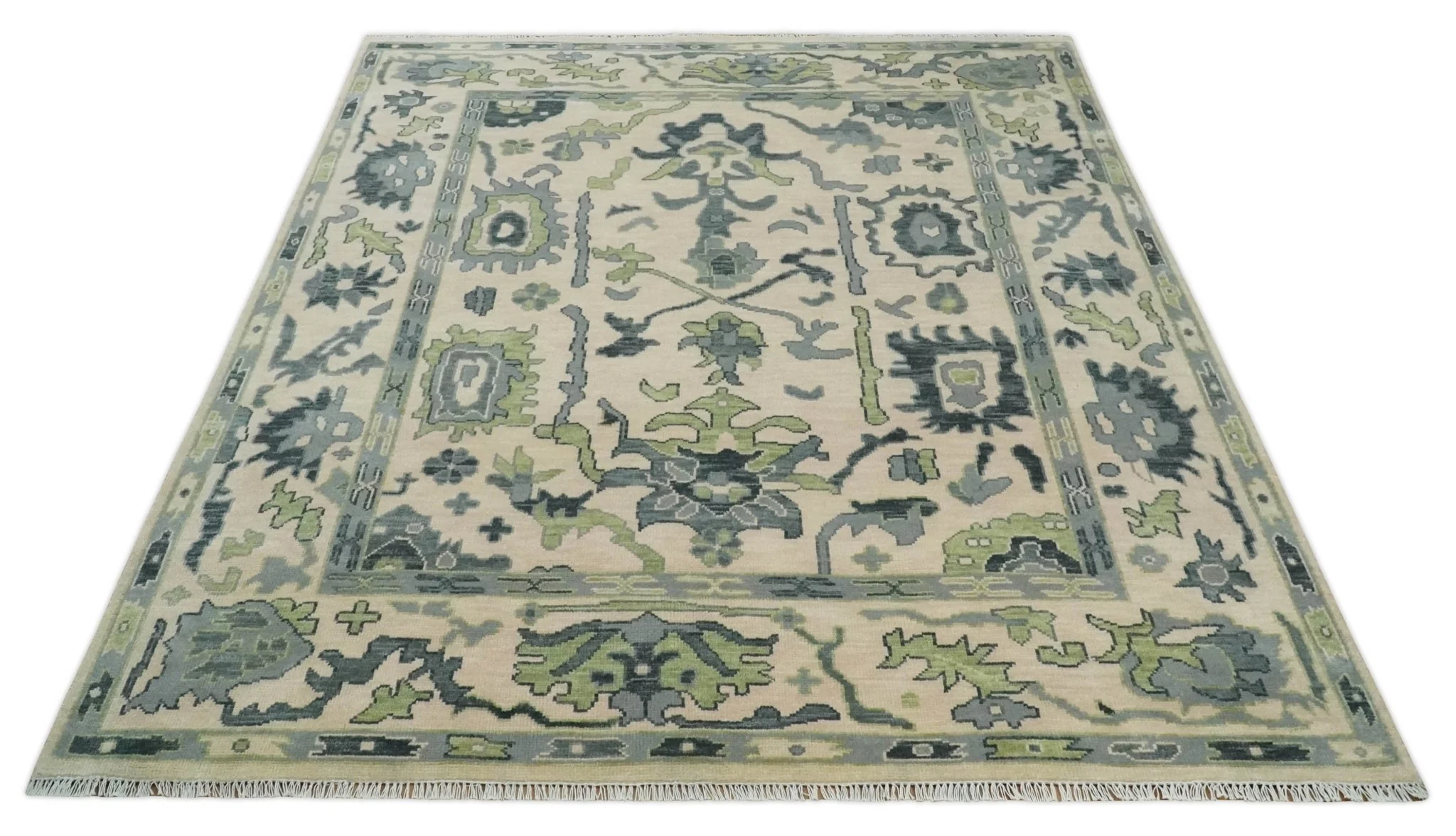Peach, Charcoal and Green Hand knotted 8x10 and 9x12 Oushak Traditional Wool Area Rug - Image 10