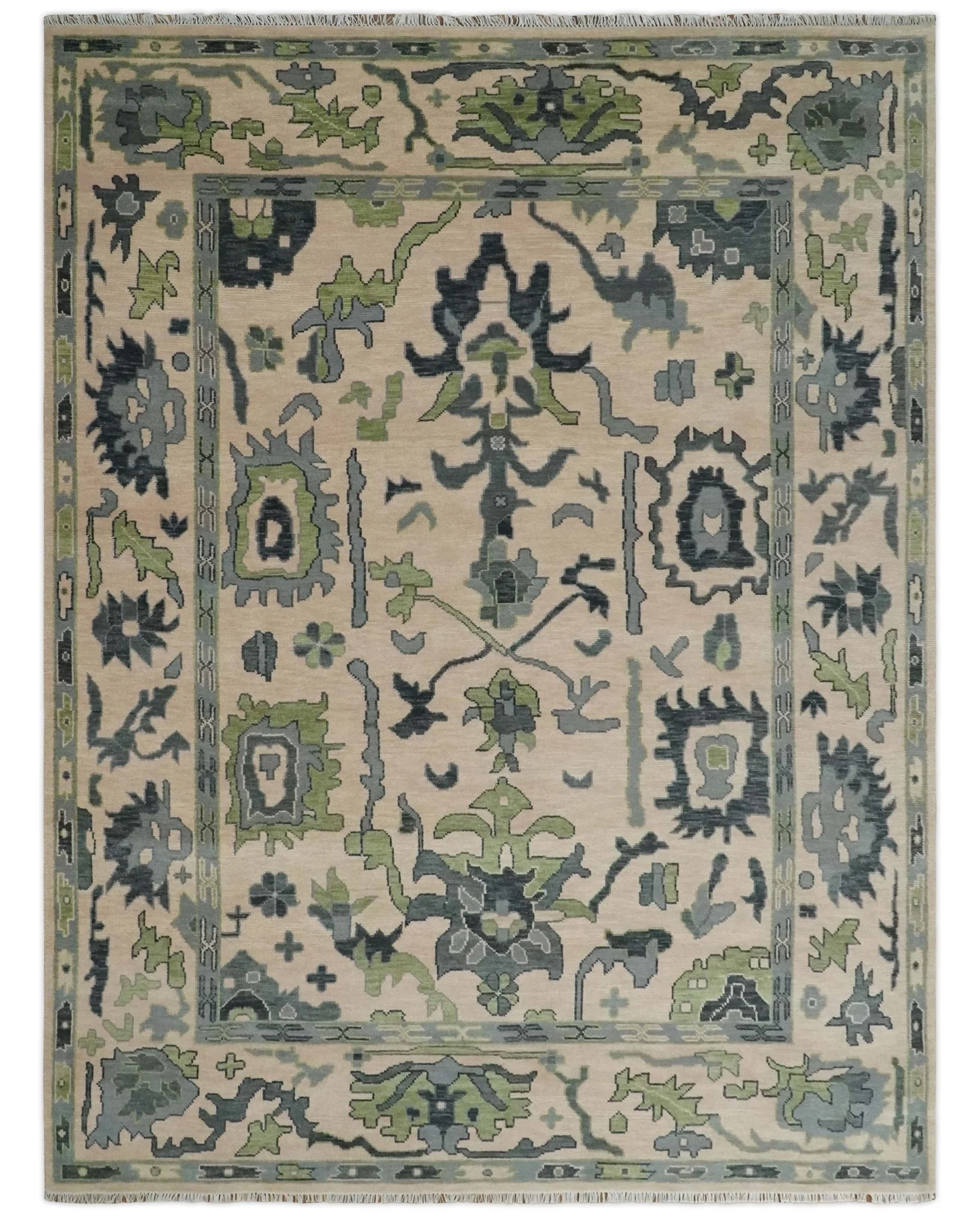 Peach, Charcoal and Green Hand knotted 8x10 and 9x12 Oushak Traditional Wool Area Rug - Image 11