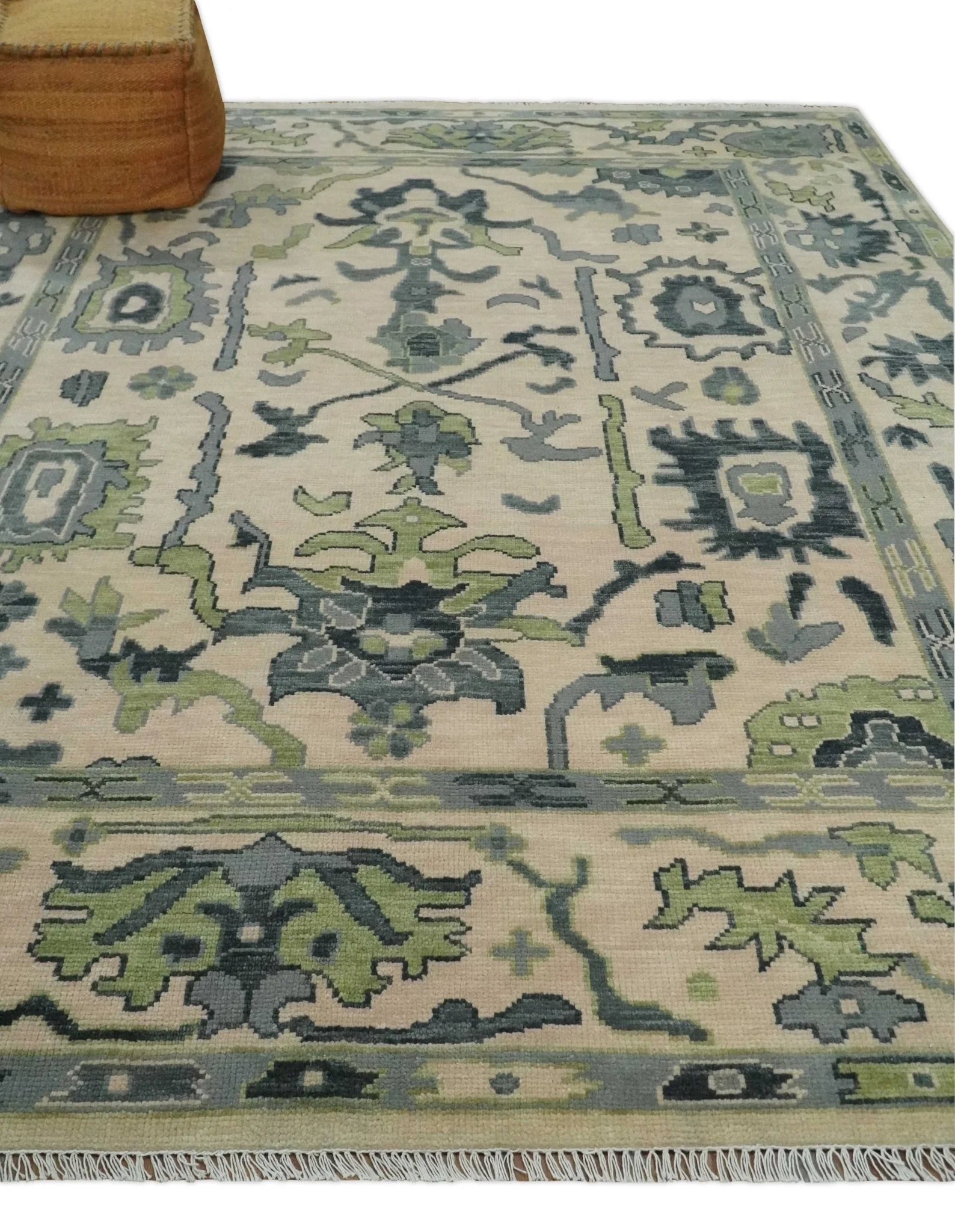 Peach, Charcoal and Green Hand knotted 8x10 and 9x12 Oushak Traditional Wool Area Rug - Image 3