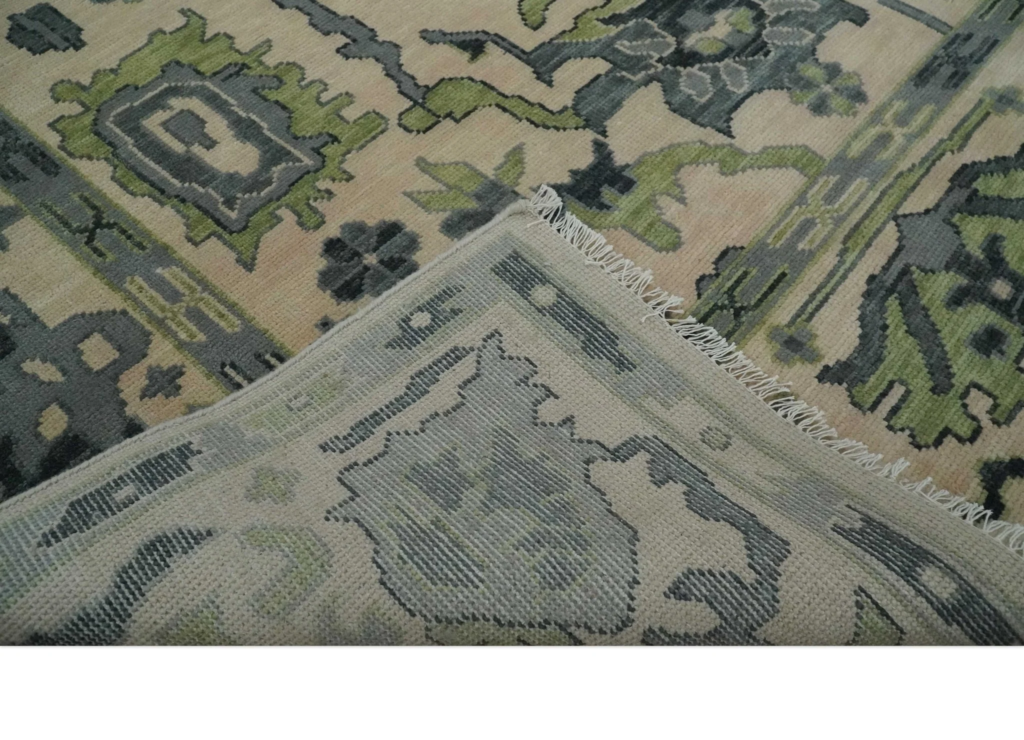 Peach, Charcoal and Green Hand knotted 8x10 and 9x12 Oushak Traditional Wool Area Rug - Image 7
