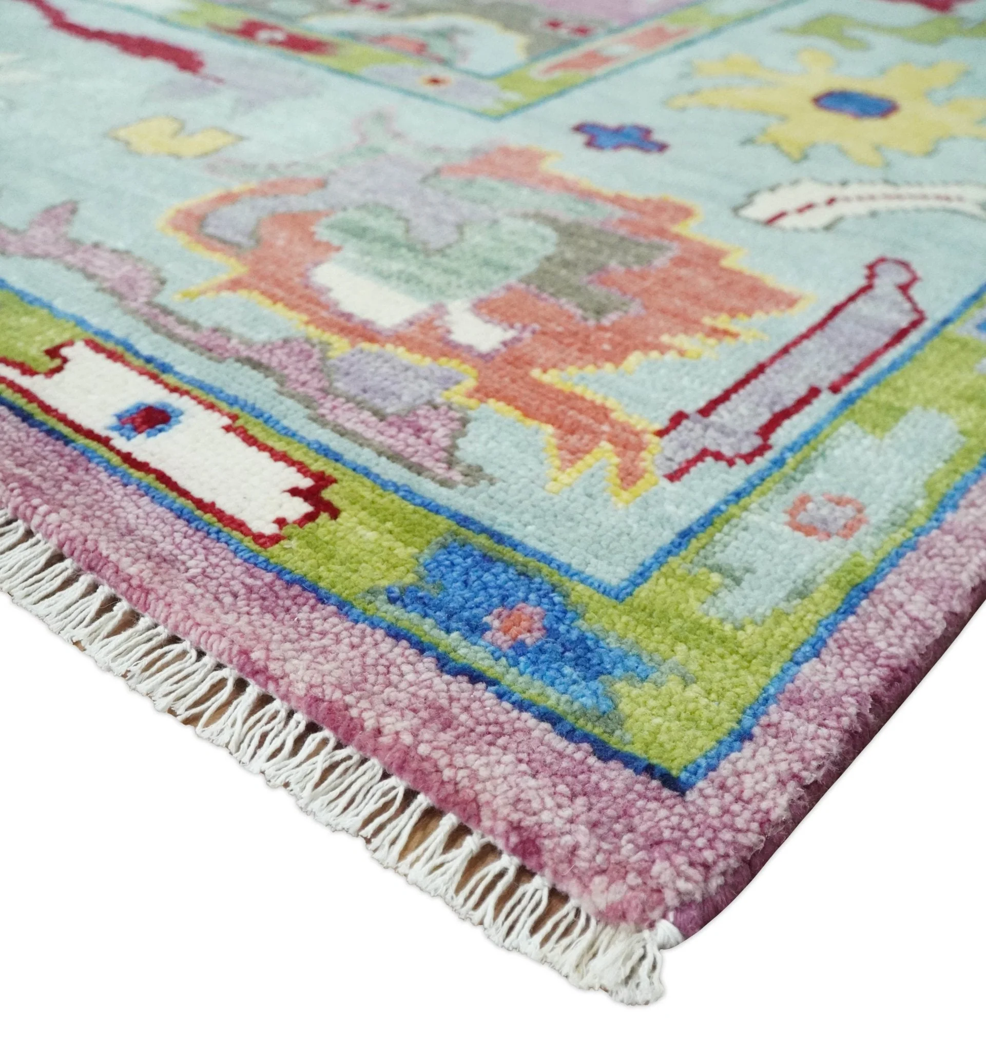 Ready to Ship Pink Modern Oushak Rug Wool Blue Colorful Hand knotted Area Rug - Image 5