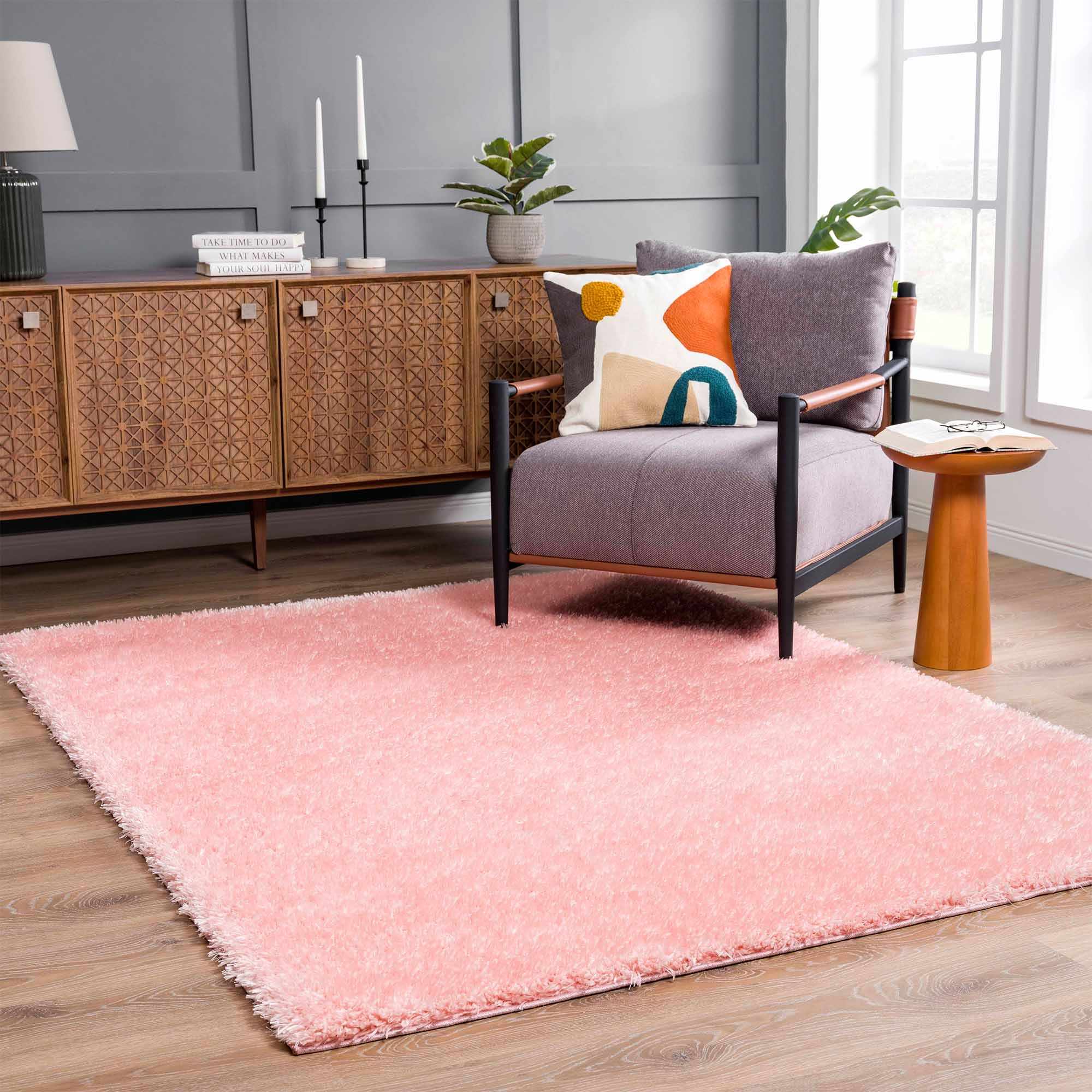 Modern Solid Pink Plush Pile Moroccan Style Washable Area Rug - Image 2