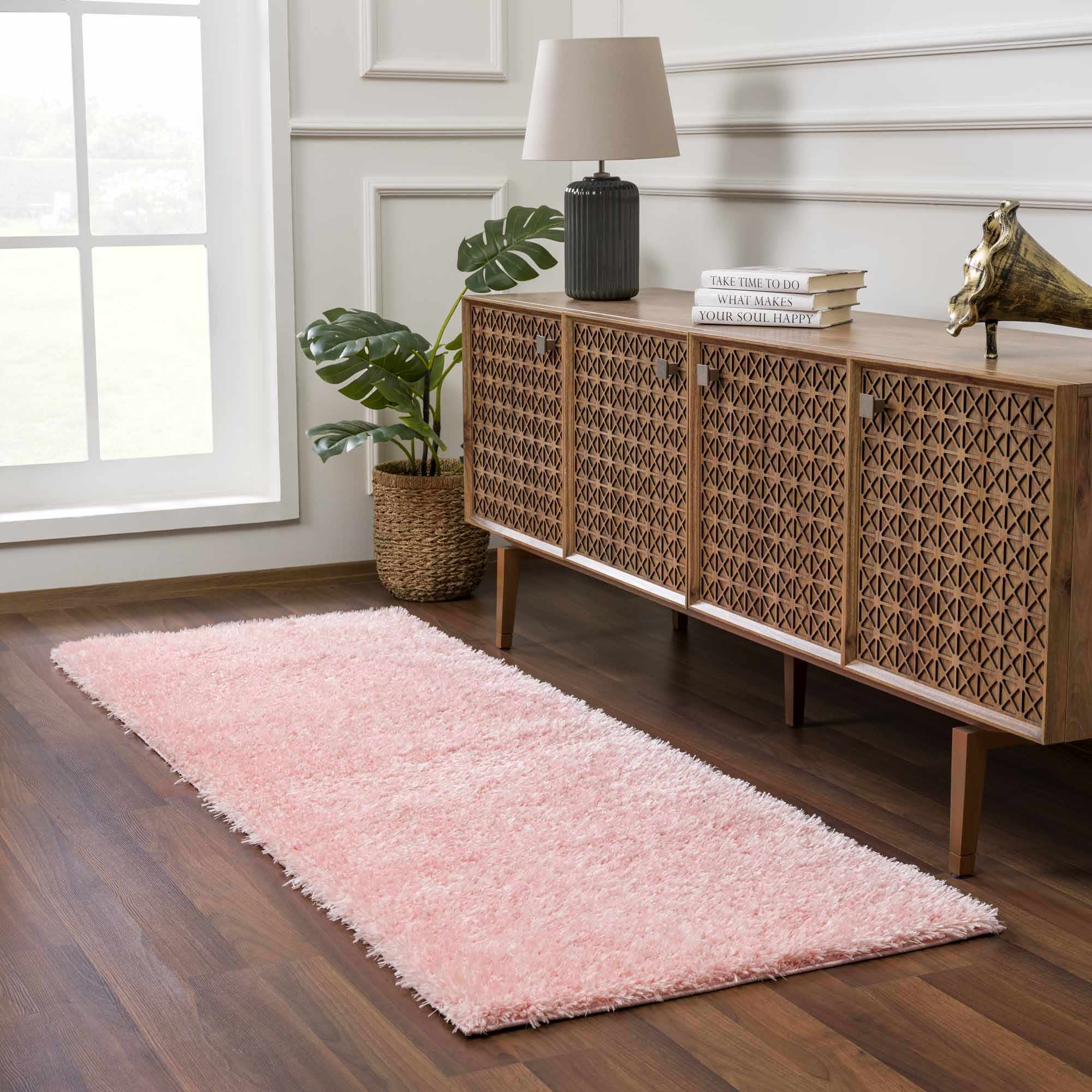Modern Solid Pink Plush Pile Moroccan Style Washable Area Rug - Image 3